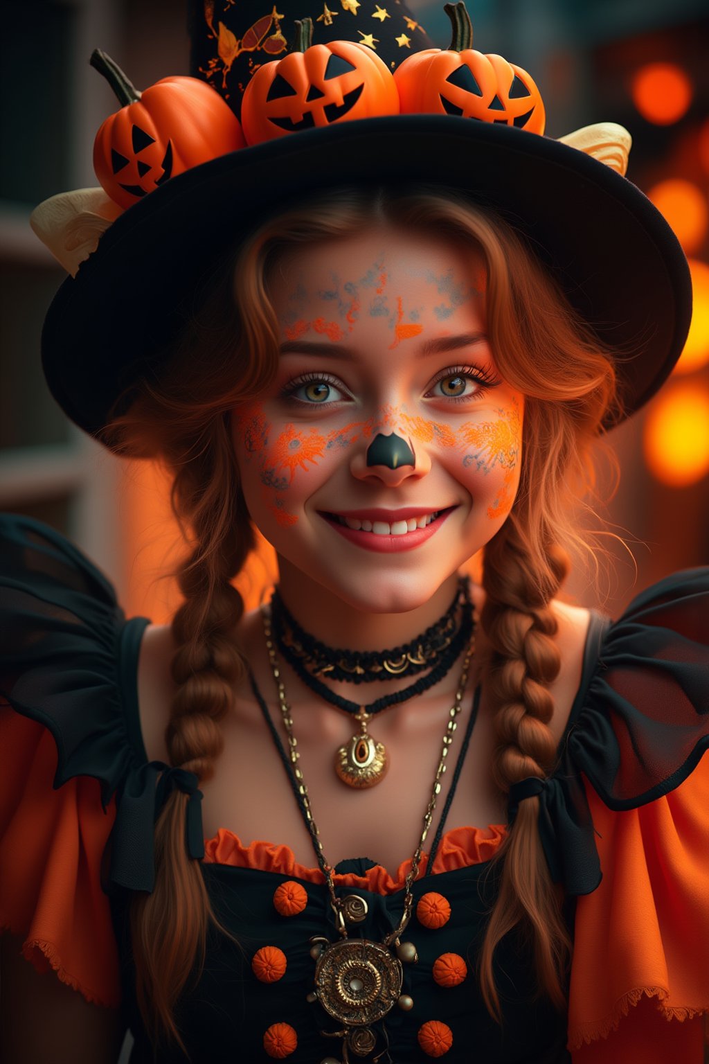 upper body portrait of cute girl with ( pop Halloween  paint on face), (Halloween atmosphere),in Gothic Haloween costume and hat, (happy smile),(gothic),fractal punk, braid hair, matte painting portrait shot, beautiful girl, pink fair skin, she is dressed in Halloween clothes, Pumpkin motif accessories,necklace and earrings, Halloween atmosphere, heavy makeup,orange theme,score_9, score_8_up, score_7_up, score_6_up, score_5_up, score_4_up,maya_model