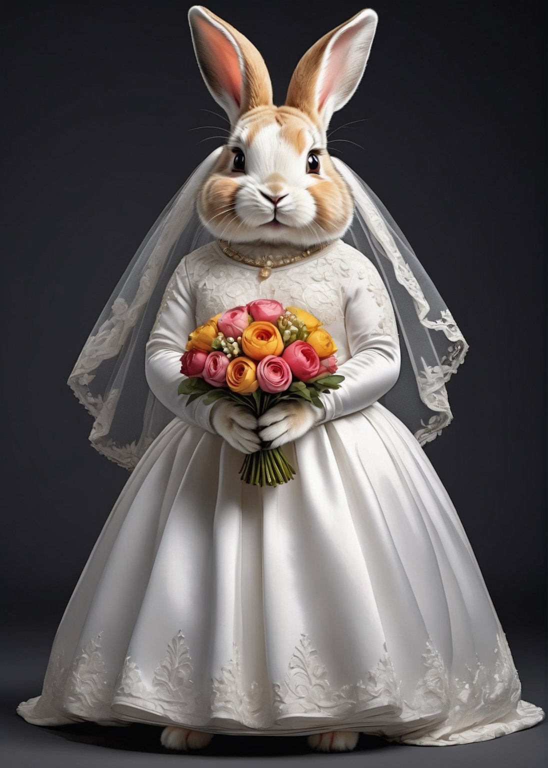 photorealistic portrait of Dressed animals - a ((fat)) cute baby rabbit,(elegant pose),(closed mouth),(frurry), high quality,(lovely) ,intricate details, highly detailed ((wedding dress)),wearing opera globes ,wearing highly detailed veil, highly detailed decorations ,holding flower bouquet, (happy), studio lighting,(full body image:1.5),comic book