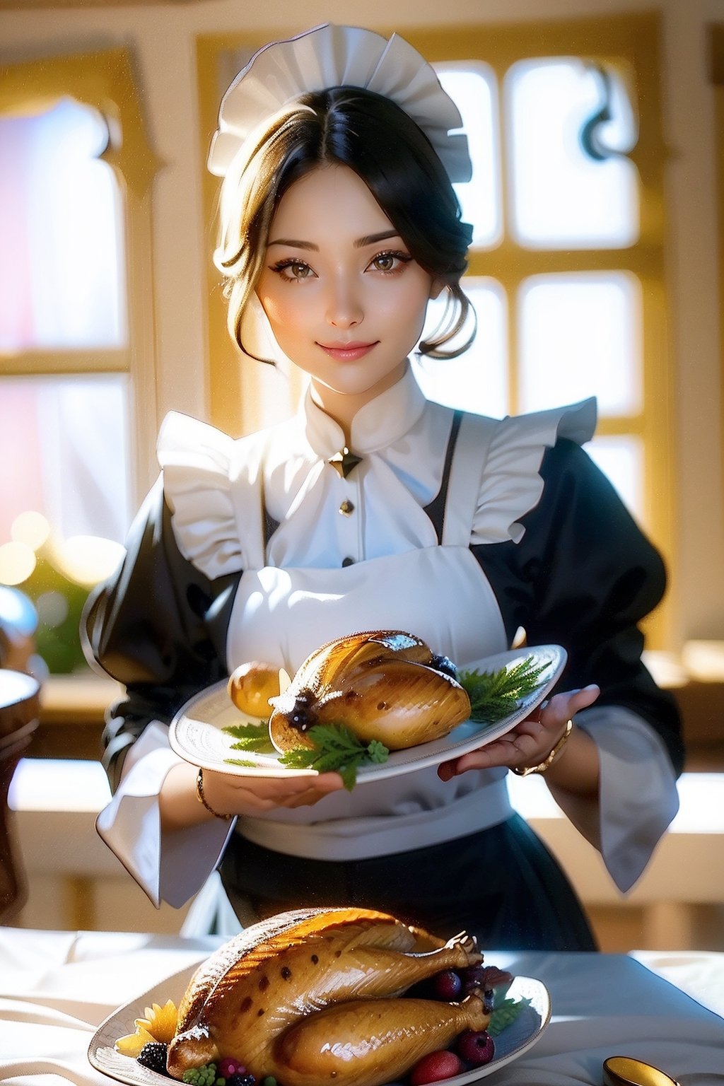 ((best Quality: 1.4)), (Unparalleled Masterpiece), (Ultra High Definition) , (Ultra Realistic 8k CG),(ultra detailed),(maid ),(art by Jean Baptiste Monge),carring and showing a plate of Thanksgiving turkey,(lovely smile),highly detailed (maid clothes), half_apron ,stunningly beautiful , highly detailed beautiful hair , highly detailed hairstyle, cinematic, happy ,in luxury old western house, perfect lighting, Use a backlighting effect to add depth to the image, Anisotropic Filtering, Depth of Field, Maximum clarity and sharpness, ,8 life size , thicc body:0.8 ,perfect anatomy , symmetrical and balanced, beautiful gradient , sharp focus, 4k resolution, golden ratio,(half body image), Beautiful Composition,Realism,Epic,Thanksgiving turkey,shining_sparkle_background,(looking at viewer),(viewed from above),realhands