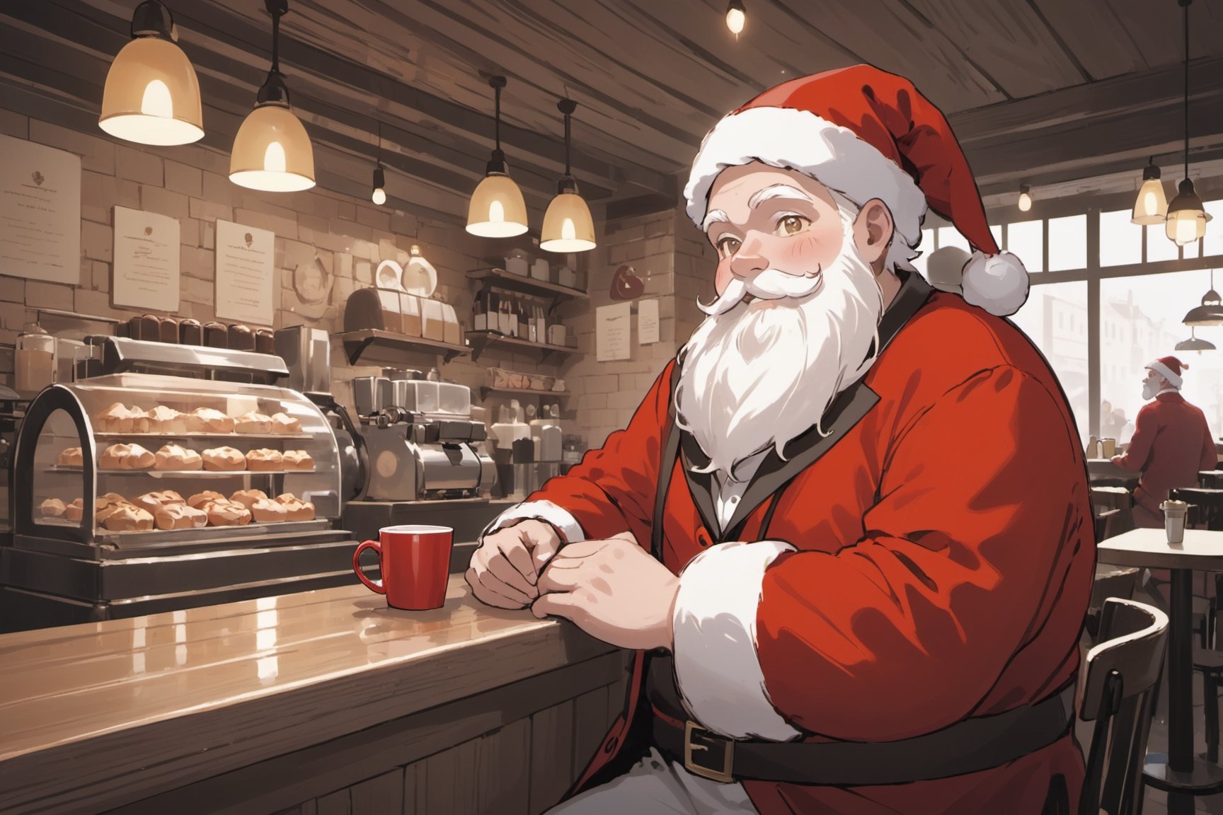 colorful, shine, beautiful-detailed , solo, solo focus,fat old male, Santa Claus, white hair, beautiful detailed sky, dynamic angle, white beard, cinematic light, glow white particles,
cafe, , red jacket,calm smile,relieved look
Style - Cozy and Quaint
Background - Charming Café with Rustic Interior
Subject - Santa Claus Wearing red and white jacket
View - Inviting Scene Bathed in Morning Sunlight
Appearance - Casual and Approachable
Outfit - red hat and red and white jacket
Pose - sitting in Café , drinking coffee
Details - Steam from Coffee Cups, Display of Pastries
Effects - Warm Morning Sunlight Creating a Comforting Ambiance
Description - "Step into the cozy embrace of a quaint café, where the morning sunlight filters in through the windows, casting a warm and inviting glow. As you enter, your gaze is drawn to the barista behind the counter, a friendly figure wearing a red hat  and jacket neatly at the front.
The café's rustic interior complements the barista's attire, 