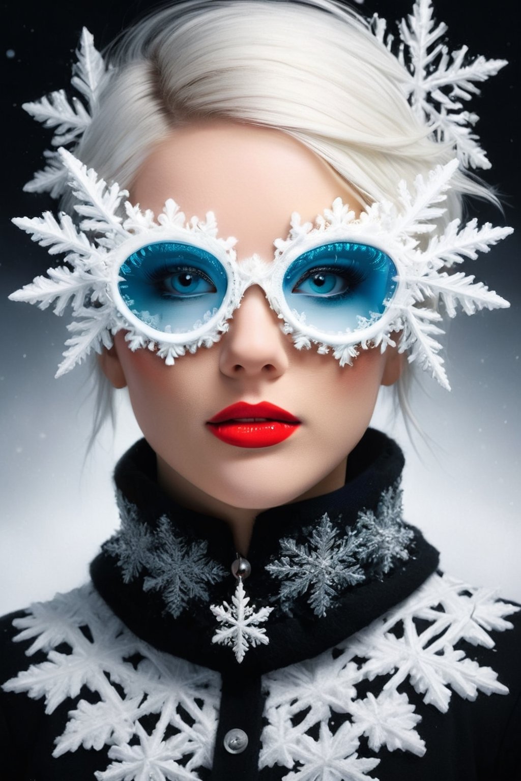 surrealism photo, realistic, 16k, extreme detail, fine textures, colorful, sharp lines, vibrant patch colors, black and white colors palette, lovely lady 40 years old, wearing snowflake glasses,in the style of esao andrews,sfglasses