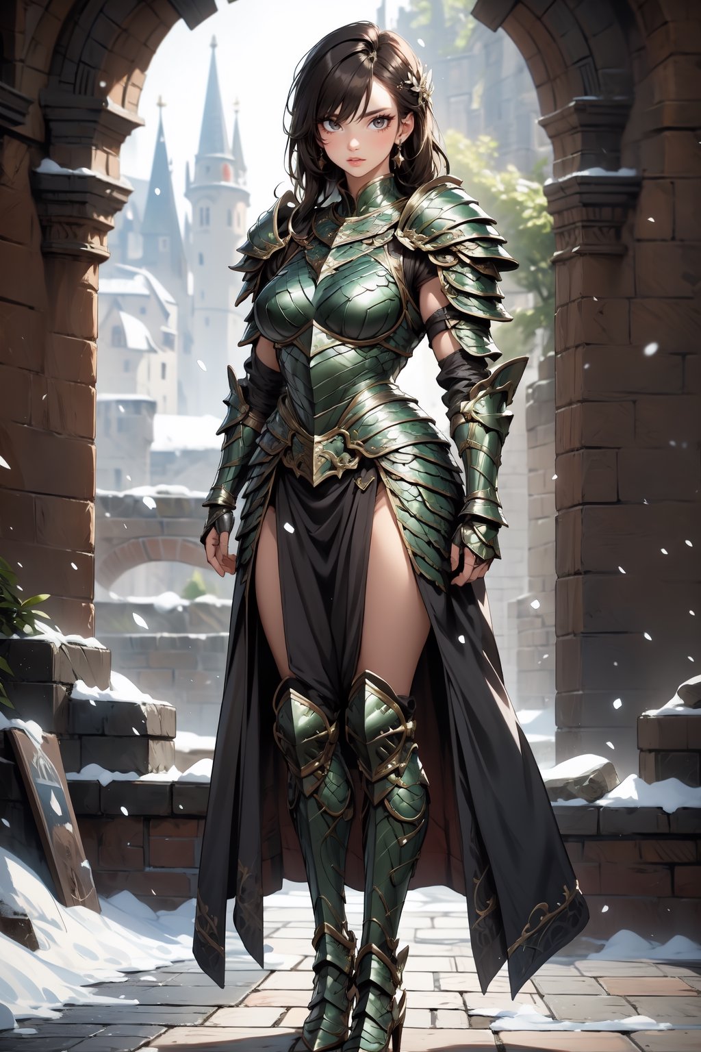 Beautiful 27 year old woman, (brown eyes), ((strong physique body)), (black hair), long_hair: 1.3, , bangs, (serious look), hourglass body shape, detailed eyes, normal breasts quality, slim waist, (strong physique), upper body , gauntlets, (detailed armor), lower body armor, black cape, broken stone floor, broken stone wall, snow falling, ((full-body_portrait)), (evil aura around her), Commander of knights,dragon armor