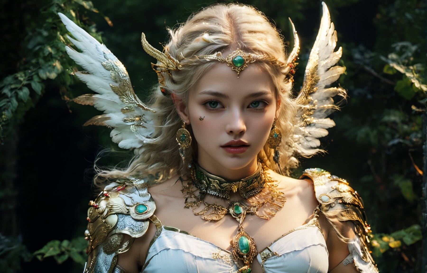 (wide angle),(Aetherpunk style:1.4),8k , ultra quality ,nature,pagan imagery,intricate detailed, beautiful valkyrie ,gold detailed holy gorgeous armor,intricate detailed wide angelic wings,spreading angelic wings wide,utopia,magic,detailed,mages,outdoors,amazing scenery,(highly detailed:1.2),(ultra realism:1.2), realistic, detailed, textured, skin, platinum white hair, green eyes, by Alex Huguet, Mike Hill, Ian Spriggs, JaeCheol Park, Marek Denko
,detailmaster2,more detail XL,(half body image),realistic,3d toon style,xxmix_girl