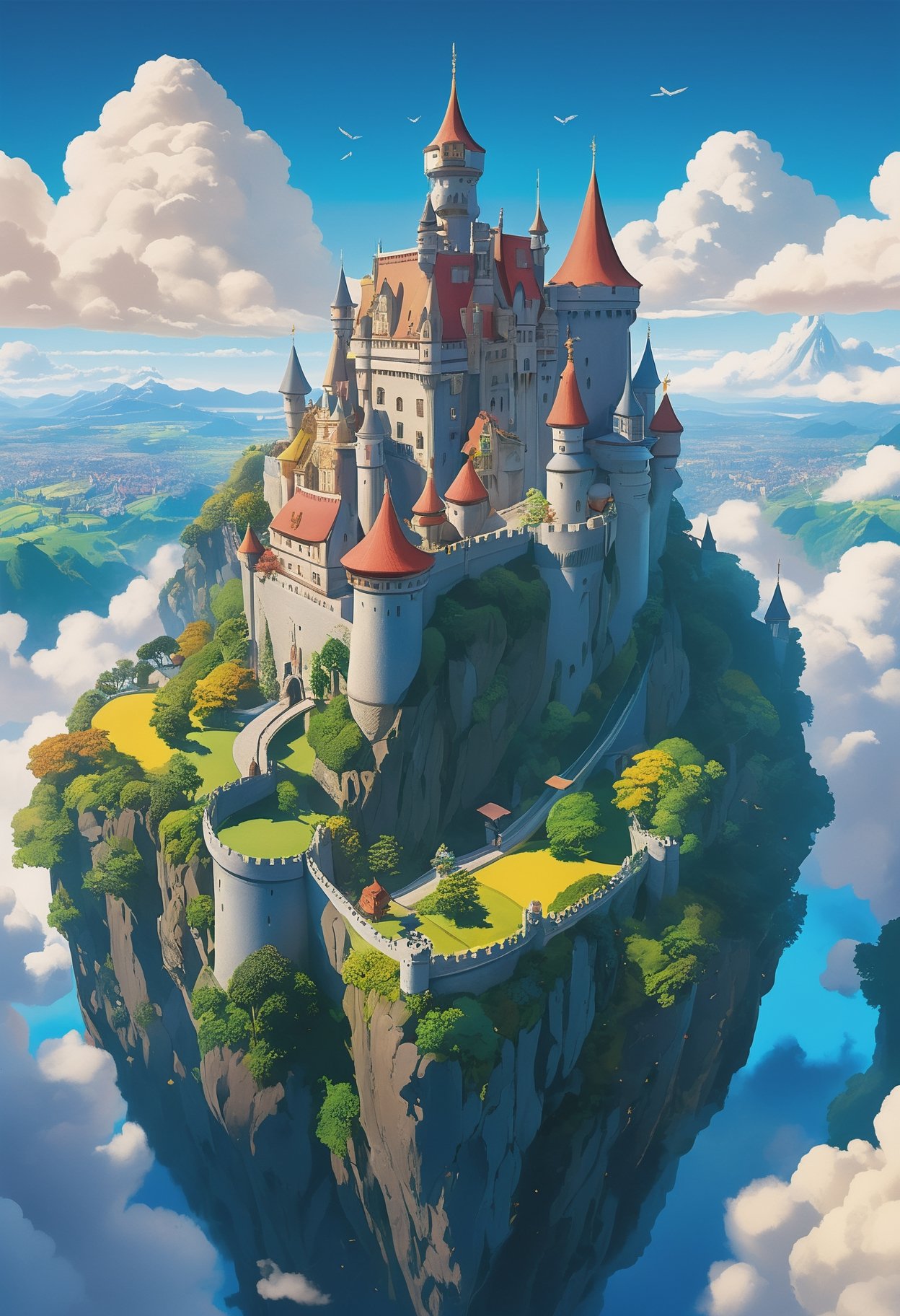 A fusion of Hayao Miyazaki and Studio Ghibli's art style, [castle|sky fortress], soaring amidst the clouds, splendid view of an (animated kingdom in the sky:1.5), as seen through the lens of a (drone:1.2), captured in vivid, panoramic 8K, painted with whimsical colors, set in a (sunlit afternoon), featuring meticulous details of the castle architecture, capturing the essence of a dreamlikeart and mdjrny-v4 style, nostalgic lighting setting a vintage charm, highlighted by a [(Steven Spielberg:1.2) inspired cinematic magic], intricate detailing reminiscent of Claude Monet and Vincent van Gogh's style, a fairytale come alive in a (telephoto lens) shot