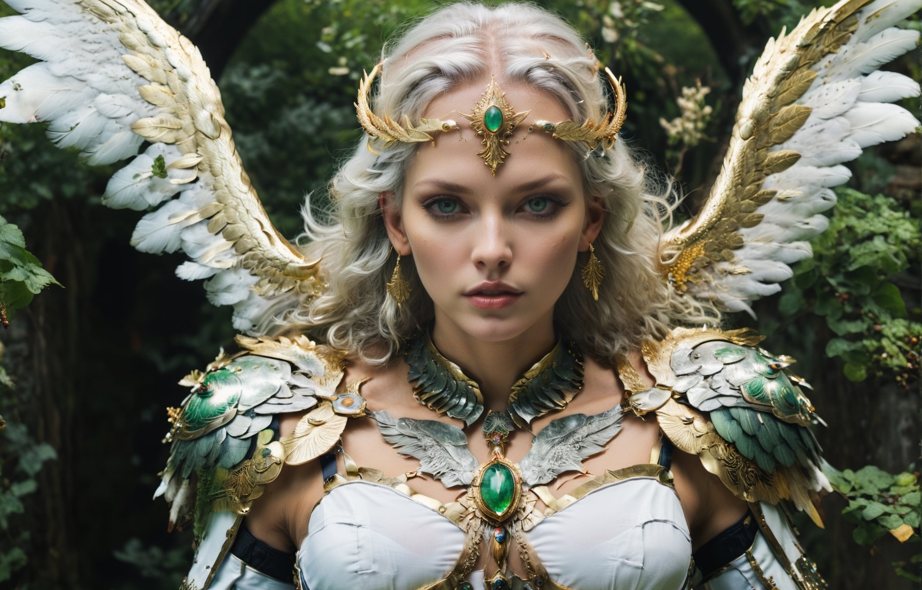 (wide angle),(Aetherpunk style:1.4),8k , ultra quality ,nature,pagan imagery,intricate detailed, beautiful valkyrie ,gold detailed holy gorgeous armor,intricate detailed wide angelic wings,spreading angelic wings wide,utopia,magic,detailed,mages,outdoors,amazing scenery,(highly detailed:1.2),(ultra realism:1.2), realistic, detailed, textured, skin, platinum white hair, green eyes, by Alex Huguet, Mike Hill, Ian Spriggs, JaeCheol Park, Marek Denko
,detailmaster2,more detail XL,(half body image),realistic