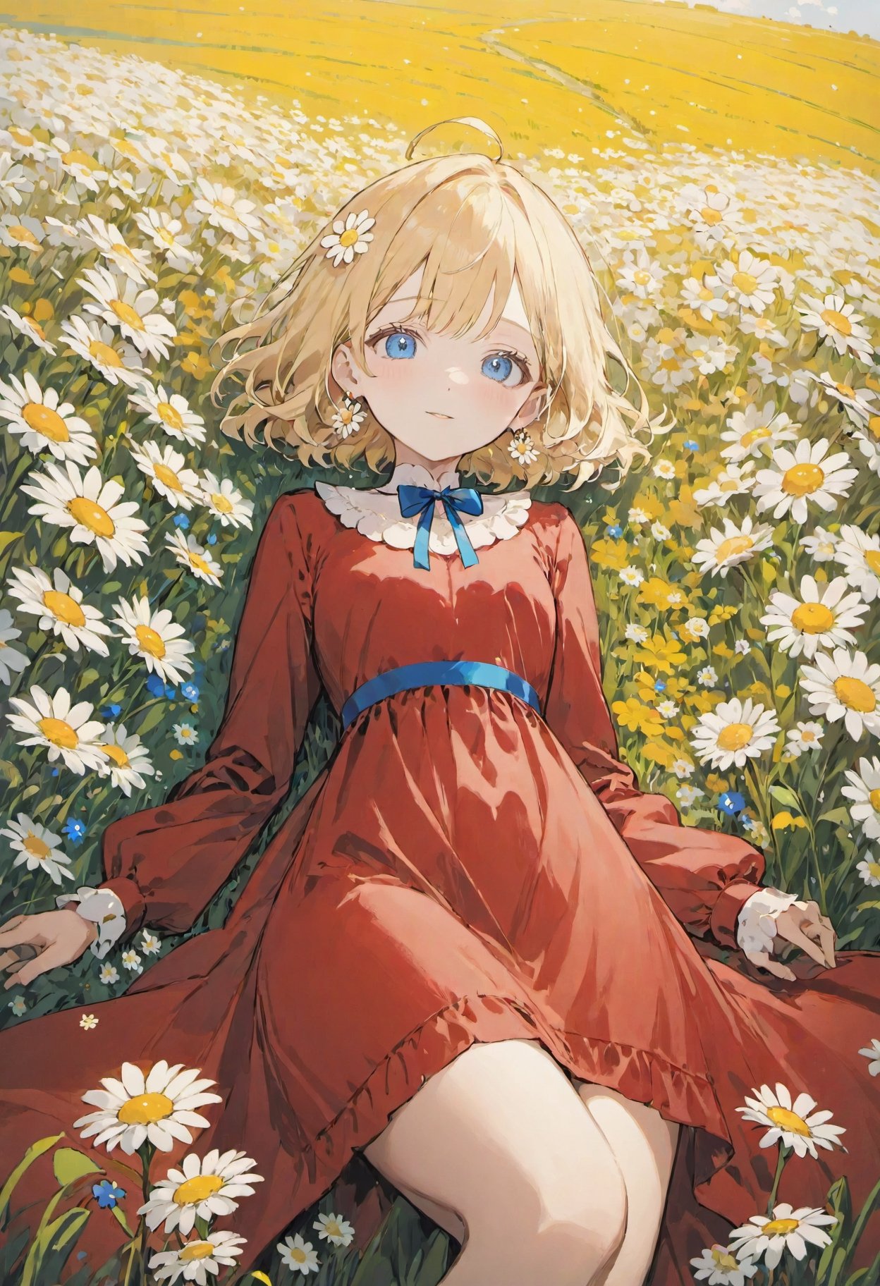 1girl lying,  in a field of flowers, red dress, white flower,  earrings, looking at viewer, blue eyes, red ribbon, necklace, long sleeves, blonde hair, short hair, daisy