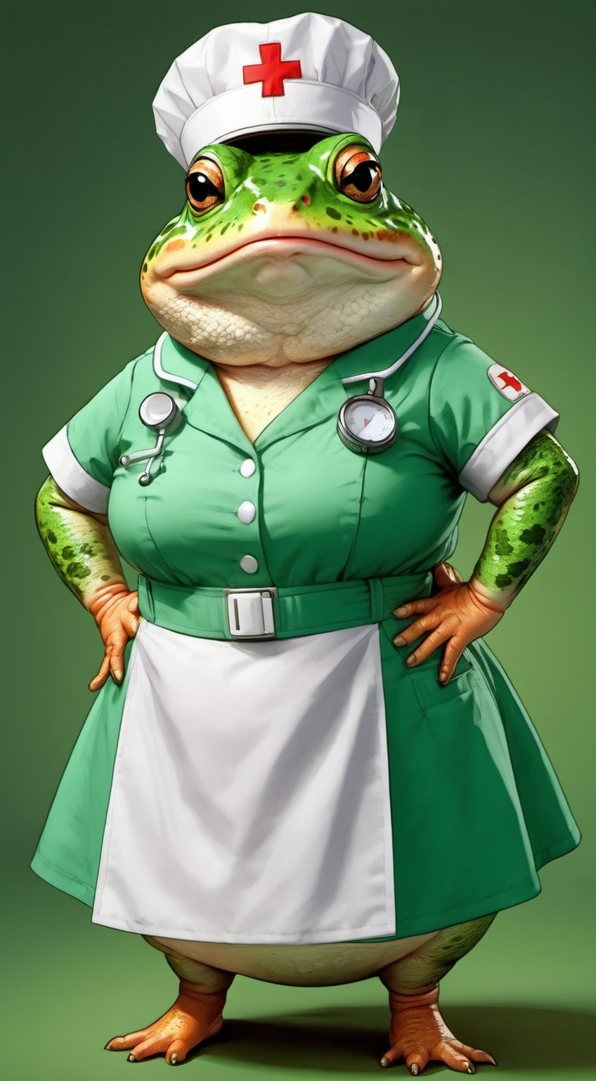  portrait of Dressed animals - a ((fat)) cute toad nurse,(hands on hips:1.5 ),(closed mouth), high quality,(lovely) ,intricate details, highly detailed (( green nurse costume)), wearing nurse cap and skirt , highly detailed medical equipment , (happy), studio lighting,(),(simple background)