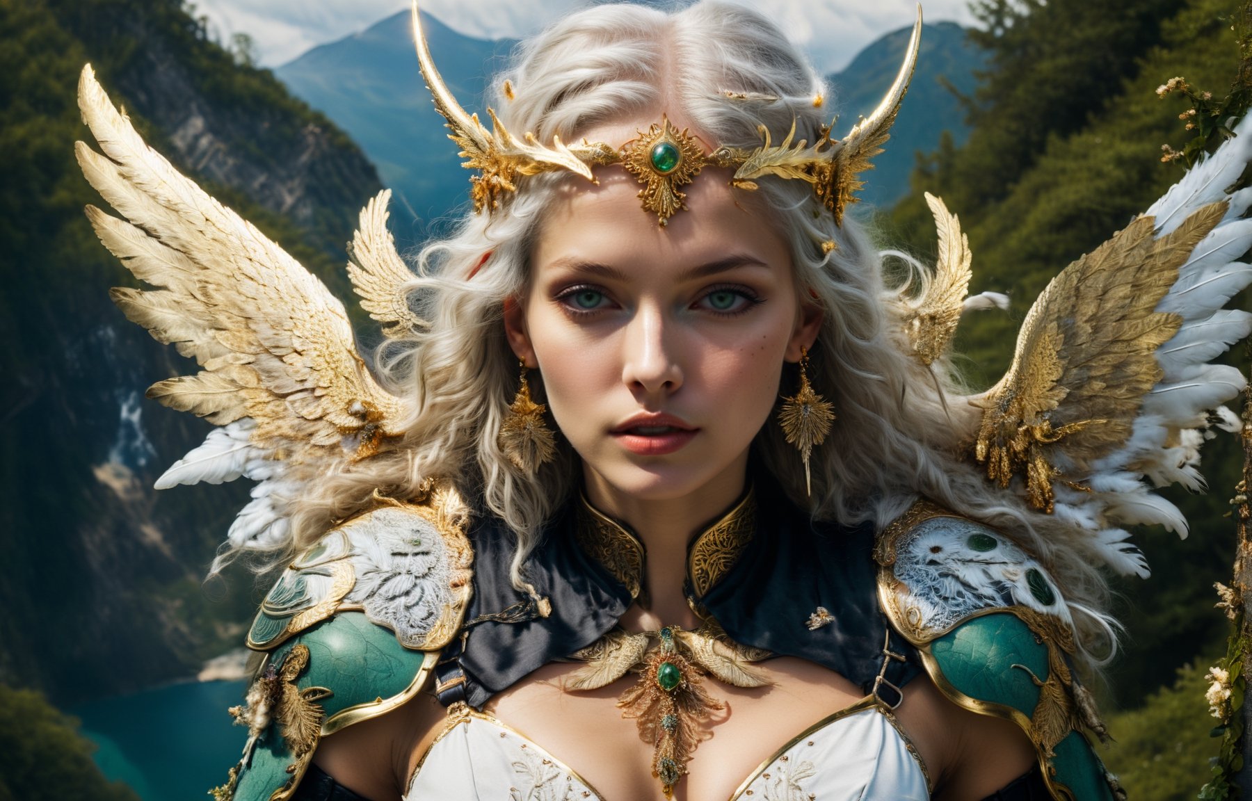 (wide angle),(Aetherpunk style:1.4),8k , ultra quality ,nature,pagan imagery,intricate detailed, beautiful valkyrie ,gold detailed holy gorgeous armor,intricate detailed wide angelic wings on her back,spreading angelic wings wide,utopia,magic,detailed,mages,outdoors,amazing scenery,(highly detailed:1.2),(ultra realism:1.2), realistic, detailed, textured, skin, platinum white hair, green eyes, by Alex Huguet, Mike Hill, Ian Spriggs, JaeCheol Park, Marek Denko
,detailmaster2,more detail XL,(half body image)