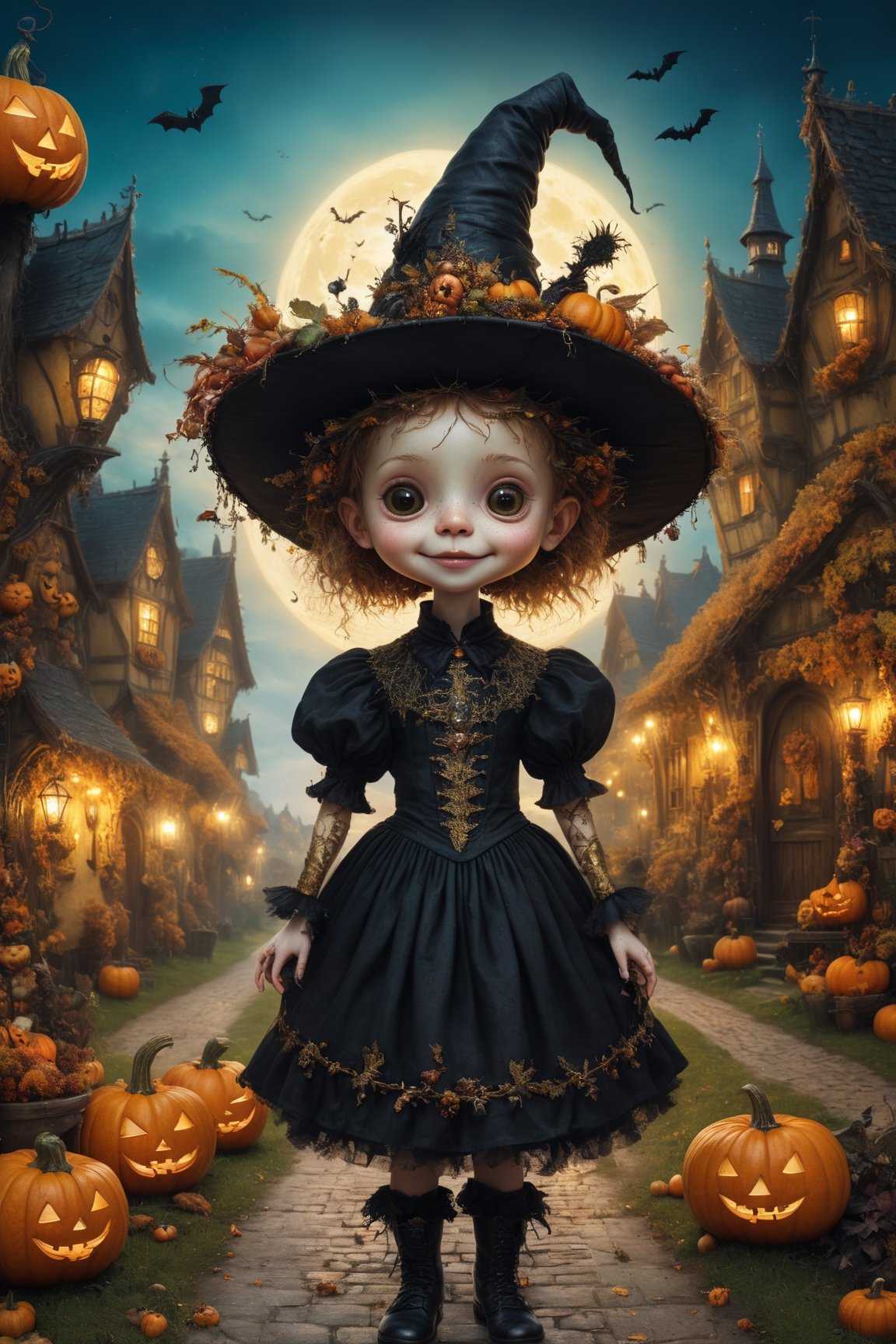 (Aetherpunk style:1.4),wide angle,8k , ultra quality ,nature,pagan imagery,cute very young Halloween witch,10 years old child,(big smile),,art by Giuseppe Arcimboldo,gold detailed,utopia,magic,(Halloween atmosphere),neon detailed,beasts,mages,((in Halloween town,amazing scenery)),(highly detailed:1.2),(ultra realism:1.2), realistic, detailed, textured, skin, hair, eyes, by Alex Huguet, Mike Hill, Ian Spriggs, JaeCheol Park, Marek Denko,(side view:1.5)
,