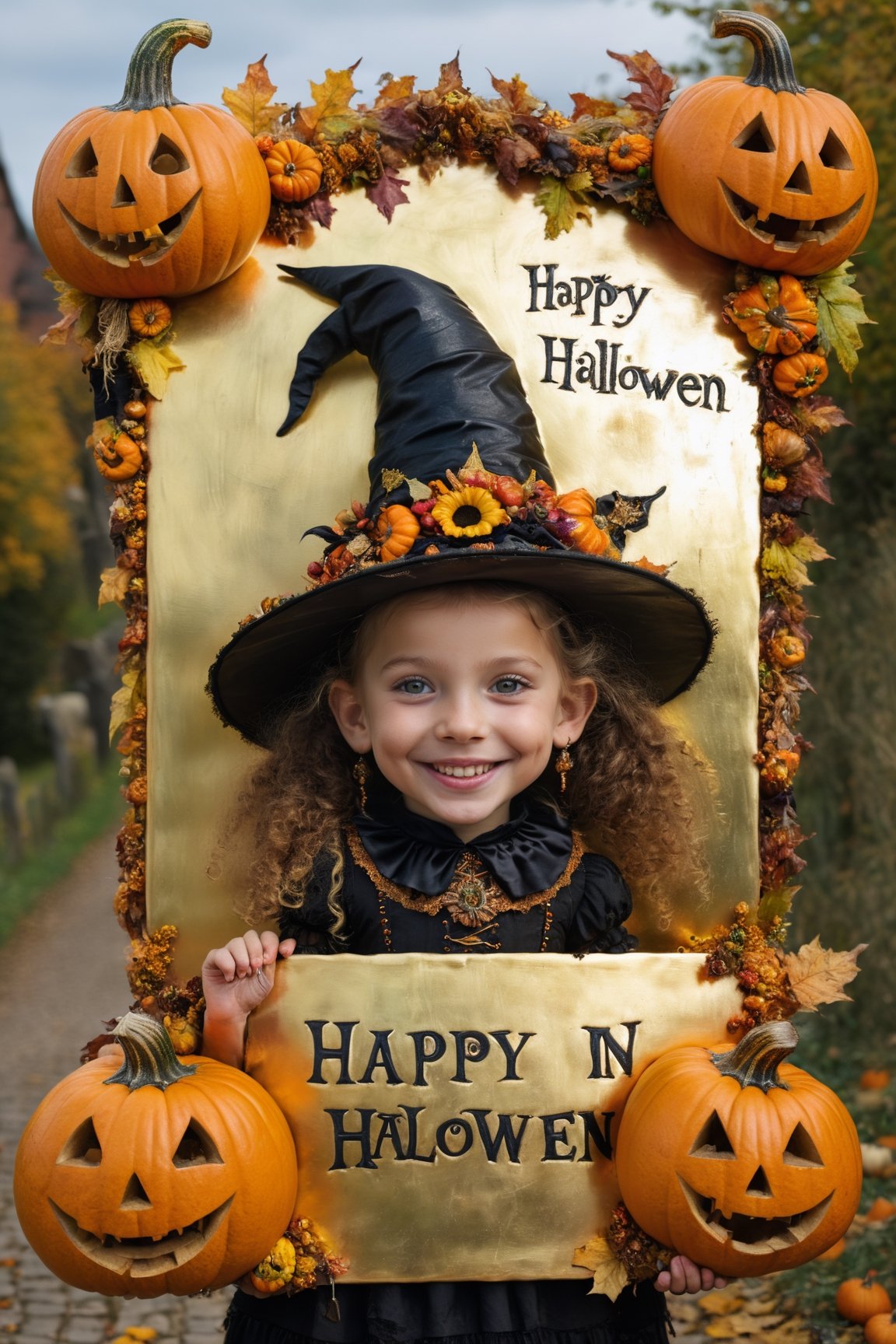 (Aetherpunk style:1.4),wide angle,8k , ultra quality ,nature,pagan imagery,cute very young Halloween witch,(10 years old girl),((mega smile)), holding a board with text as "HAPPY HALLOWEEN",art by Giuseppe Arcimboldo,gold detailed,utopia,magic,(happy Halloween atmosphere),neon detailed,beasts,mages,((in Halloween town,amazing scenery)),(highly detailed:1.2),(ultra realism:1.2), realistic, detailed, textured, skin, hair, eyes, by Alex Huguet, Mike Hill, Ian Spriggs, JaeCheol Park, Marek Denko,(close up:1.5),(Dutch angle:1.2),
,text as "",style_brush