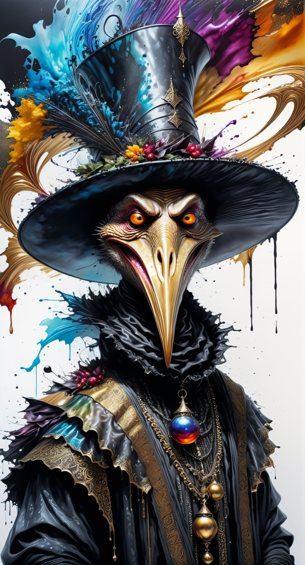 Ultra-Wide angle shot, photorealistic of gothic medieval of  stylish (turkye) character wearing pilgrim outfits,(turkey),(long neck), (large beak),(horror), (creepy smile),art by Carne Griffiths,thanksgiving atmothphere,ornaments of thanksgiving, merged visuals, evocative storytelling, creative blending, seeBlack ink flow: 8k resolution photorealistic masterpiece:  intricately detailed fluid gouache painting: calligraphy: acrylic: colorful watercolor art, cinematic lighting, maximalist photoillustration: by marton bobzert: 8k resolution concept art intricately detailed, complex, elegant, expansive, fantastical, psychedelic realism, dripping paint,,DonML1quidG0ldXL ,Digital painting ,PEOPShockedFace
