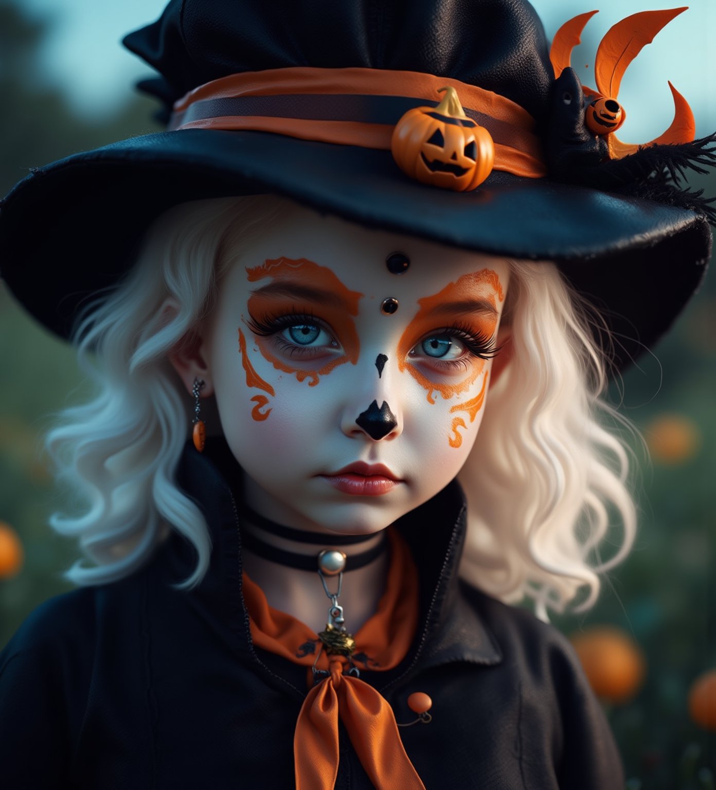 (Best Quality, 8K, 32K, masutepiece:1.3), Ultra-detailed, (Photorealistic:1.4), white colors, albino,15yo cute Girl with Halloween heavy paint on her face, child-like face, Detailed eyes, Upper body, Luxurious punk hair, Edgy Halloween fashion,(Halloween atmosphere),in Gothic Haloween costume and hat, Pumpkin motif accessories,necklace and earrings,  Avant-garde Halloween makeup, Numerous piercings,,night sky background, Backlight effect, Shallow depth of field, Blurry background,score_9, score_8_up, score_7_up, score_6_up, score_5_up, score_4_up,