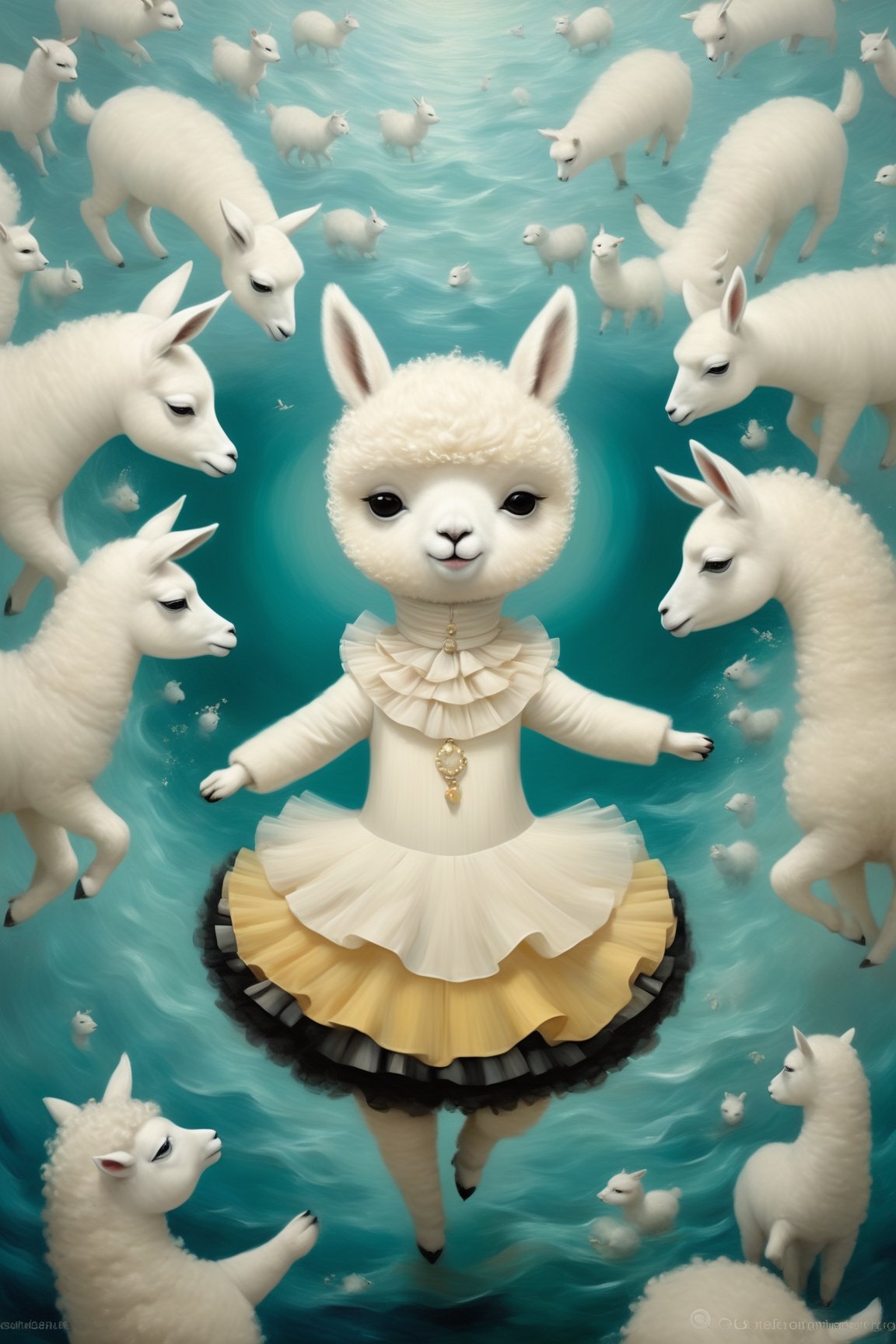 A beautiful and whimsical elusive pop noir surrealism, art of Dressed animals - a fat white baby alpaca dancer,dancing,(big smile),(happy),(highly detailed dress), in the style of Dr. Seuss, inspired by Mandelbrot fractals and the Doppler effect glitchcore, in the style of Ray Caesar, modern art, art nouveau, realism fantastic, intricate details, surreal emotion art, interesting emotional feeling, highli texture details, Behance winning award. rendered in a charming, ornate style, with textured brushstrokes and incredibly high 12k resolution. This highly detailed 3DHD oil painting showcases Pierre-Auguste Renoir's mastery of color and technique. The deep, incandescent tones and ultra-fine details evoke a surrealist vibe reminiscent of Craola, Nicoletta Ceccoli, Beeple, Jeremiah Ketner, Todd Lockwood. Meticulously hand-painted with meticulous attention to detail, this work of art captures the essence of fantastical scenes from a bygone era. Created using cutting-edge Octane Render technology, underwater