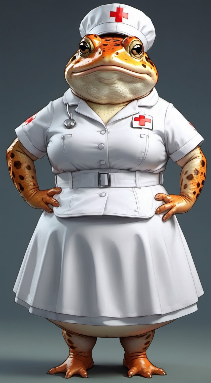  portrait of Dressed animals - a ((fat)) cute toad nurse,(hands on hips:1.5 ),(closed mouth), high quality,(lovely) ,intricate details, highly detailed (( nurse costume)), wearing nurse cap and skirt , highly detailed medical equipment , (happy), studio lighting,(),(simple background)