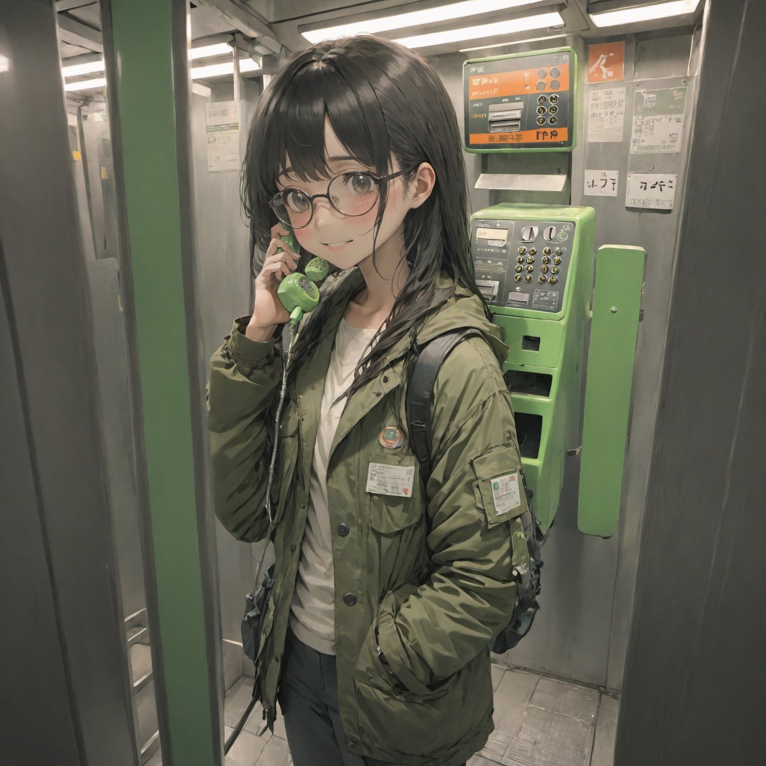 best quality, ultra-detailed, illustration, japanese girl, cute, (shy smile),
Japan, Payphone, scenery, phone, blurry, indoors, close-up, realistic, photo background, 
1girl, glasses, black hair, long hair, Field jacket, Cargo pants, boots, face palm, :o
  
,Japan