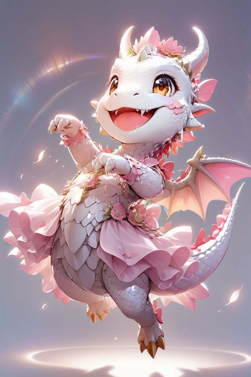  portrait of cute dragon,(dynamic jumping pose), high quality,(happy atmosphere) ,lens_flare,smile, , (wind effect), cherry_blossom background,sun light,(full body image:1.5),,cute dragon