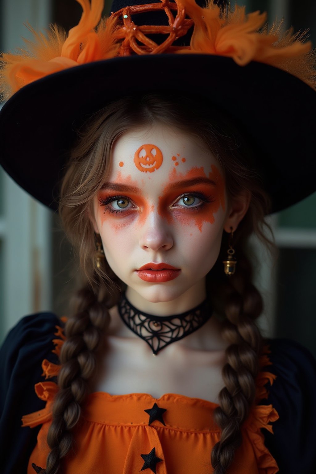 upper body portrait of 18yo cute girl with Halloween paint on face, in Gothic Haloween costume and hat, (glaring at camera:1.5),(gothic),fractal punk, braid hair, matte painting portrait shot, beautiful girl, pink fair skin, she is dressed in Halloween clothes, Pumpkin motif accessories,necklace and earrings, Halloween atmosphere, heavy makeup,orange theme,score_9, score_8_up, score_7_up, score_6_up, score_5_up, score_4_up,