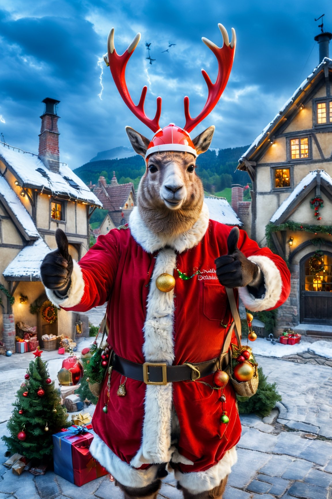 hd,2k,4k,hight quality,A photorealistic, high-resolution ,photorealistic portrait of Dressed animals - a reindeer operator, wearing a construction helmet, holding many Christmas ornaments,standing in front of medieval Santa Claus's house  . The reindeer should look sturdy and unfazed despite the harsh weather conditions. The construction helmet should fit well on the reindeer's head,  various elements like cranes, house under construction, both arms are full  of Christmas ornaments  ,Christmas atmosphere,  and perhaps even lightning in the background. The image should capture the drama and urgency of the situation while highlighting the llama's unique presence in this industrial setting,(thumbs up,selfie:1.5),happy,more detail XL