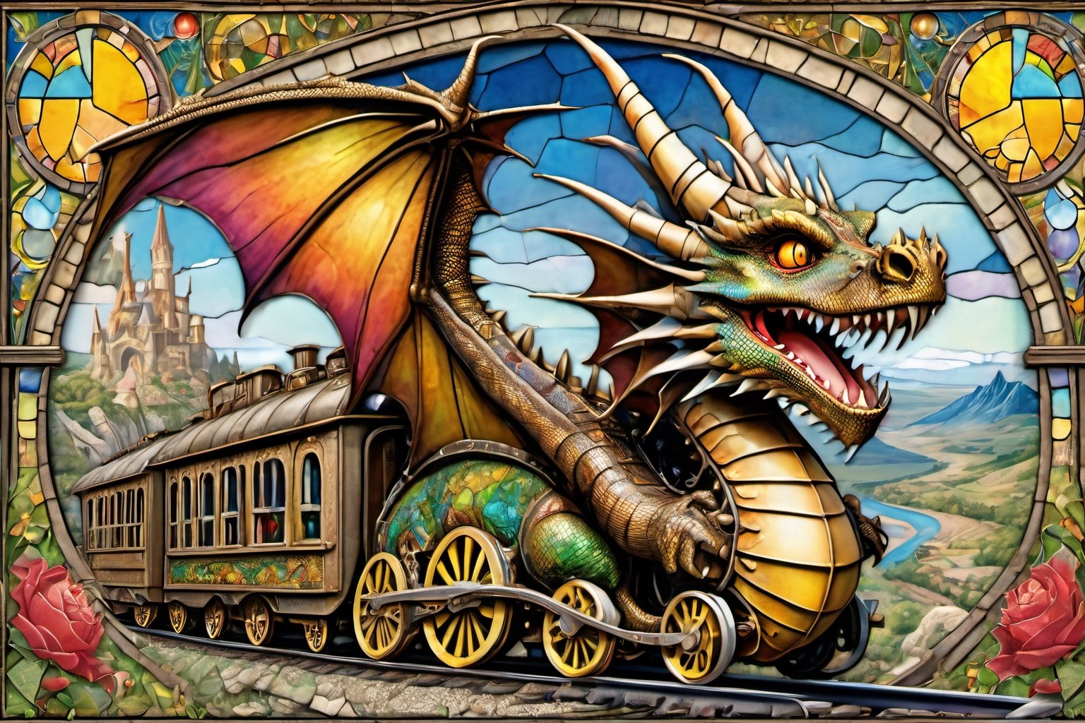 Happy, image of dragon train,intricate details,
 blessed, welcoming , cute, adorable, vintage, art on a cracked paper, fairytale, patchwork, stained glass, storybook detailed illustration, cinematic, ultra highly detailed, tiny details, beautiful details, mystical, luminism, vibrant colors, complex background,dragon train