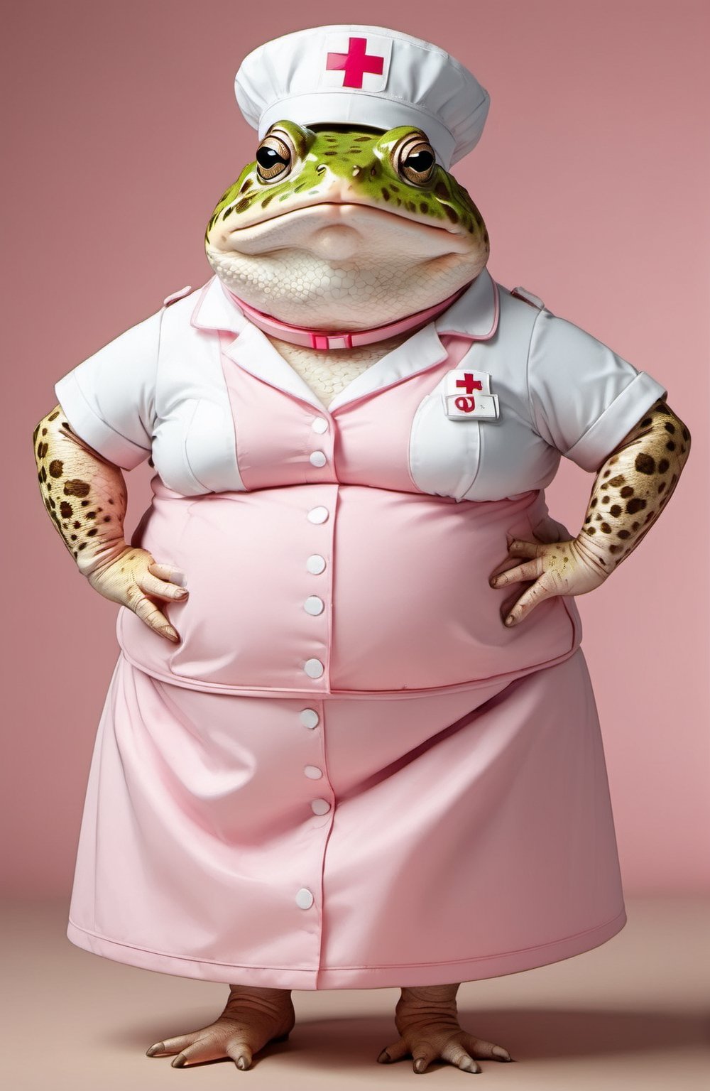  portrait of Dressed animals - a ((fat)) cute toad nurse,(hands on hips:1.5 ),(closed mouth), high quality,(lovely) ,intricate details, highly detailed ((pink nurse costume)), wearing nurse cap and skirt , highly detailed medical equipment , (happy), studio lighting,(),(simple background)