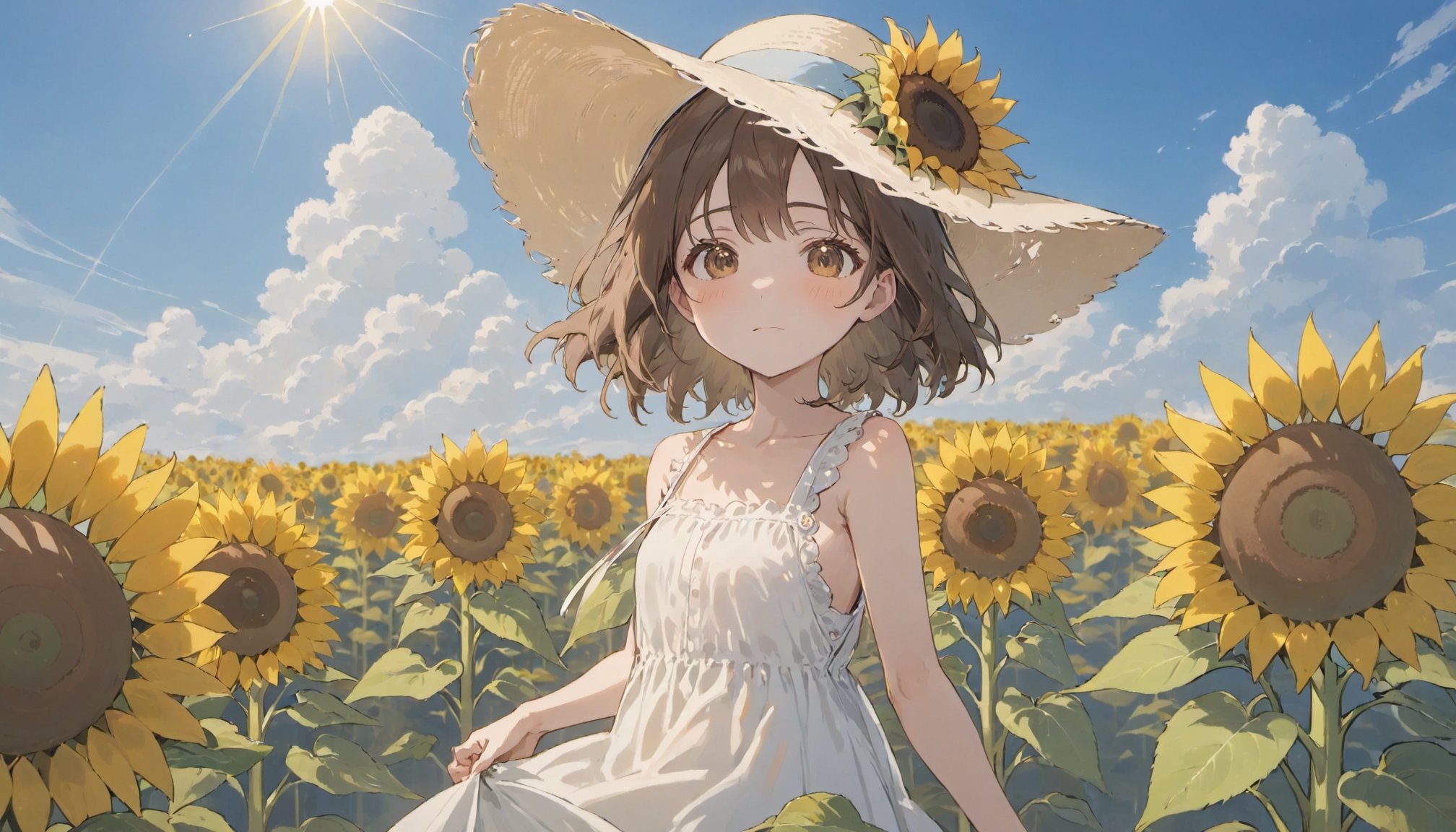 masterpiece, best quality, 1girl, sunflower, solo, outdoors, white sundress, brown hair, upper body, day, closed mouth, brown eyes, looking at viewer, sleeveless dress, blue sky, sun hat, cloud