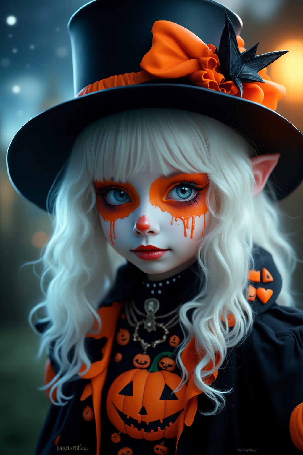 (Best Quality, 8K, 32K, masutepiece:1.3), Ultra-detailed, (Photorealistic:1.4), white colors, albino,15yo cute Girl with Halloween heavy paint on her face, Detailed eyes, Upper body, Luxurious punk hair, Edgy Halloween fashion,(Halloween atmosphere),in Gothic Haloween costume and hat, Pumpkin motif accessories,necklace and earrings,  Avant-garde Halloween makeup, Numerous piercings,,night sky background, Backlight effect, Shallow depth of field, Blurry background,score_9, score_8_up, score_7_up, score_6_up, score_5_up, score_4_up,