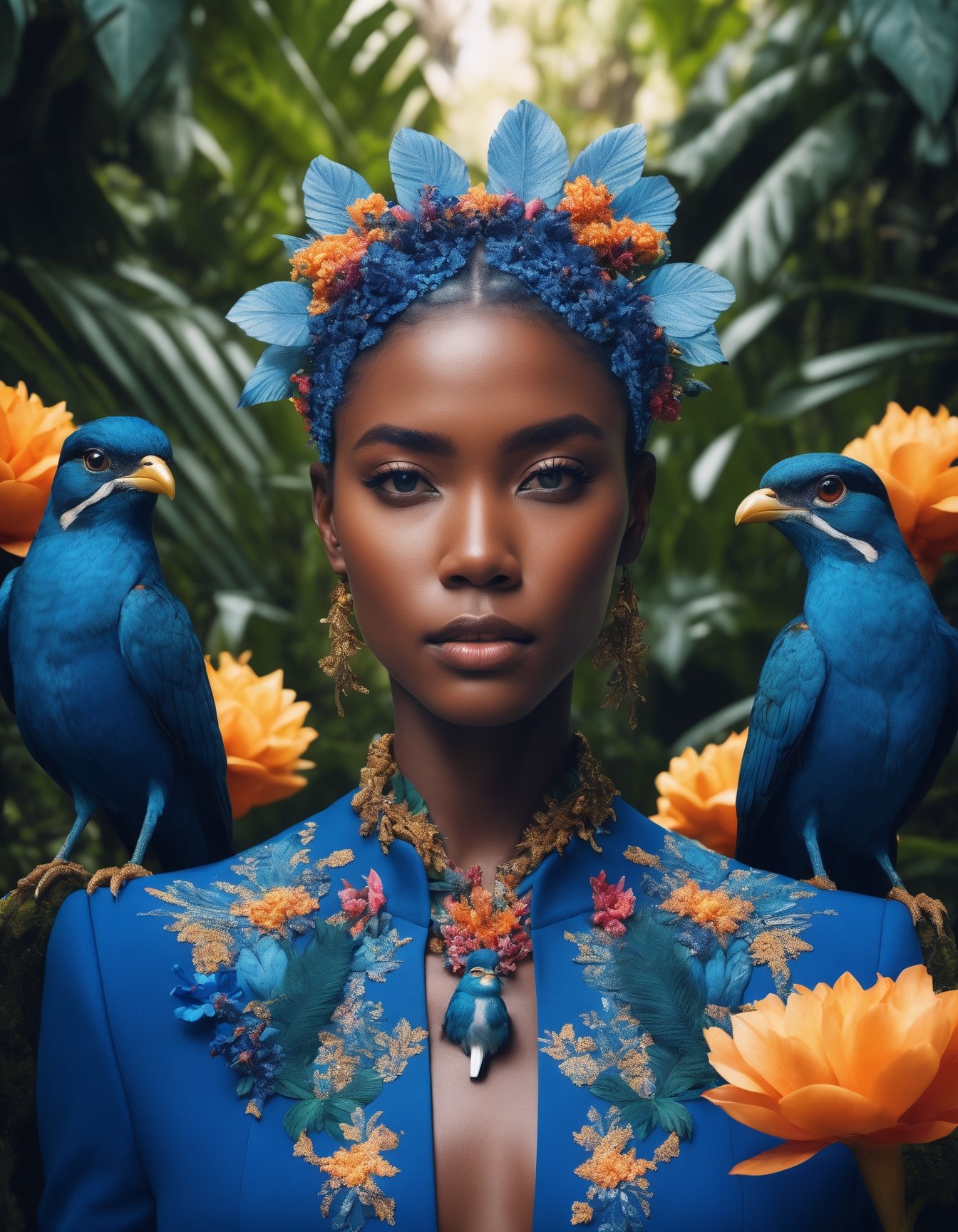 fashion photography portrait of blue human avatar, in blue lush jungle with flowers and birds, 3d render, cgi, symetrical, octane render, 35mm, bokeh, 9:16, (intricate details:1.12), hdr, (intricate details, hyperdetailed:1.15), (natural skin texture, hyperrealism, soft light, sharp:1.2)