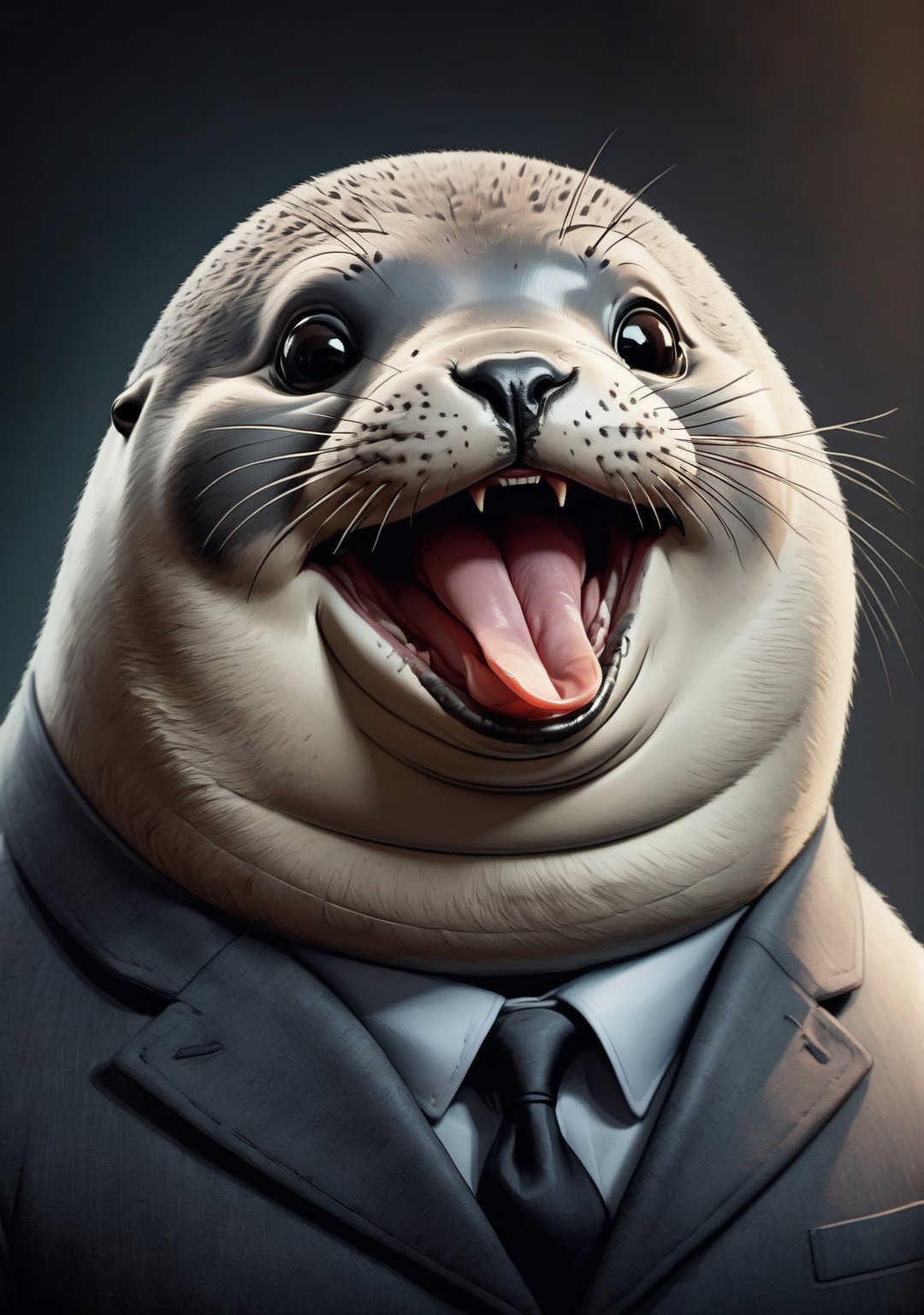 face close up image of anthropomorphic (fat) baby seal,(tongue), (lovely),dressed in a dark gray suit, (sticking out tongue:1.5),(happy smiling eyes:1.5),(smile:1.2),wearing glasses, soft lighting, Cinematic, hdr, primitive, Intricate, High quality, smoothing tones, Intricate details, Low contrast,(viewed from side:2.0), (looking at viewer:1.5), simple background,comic book