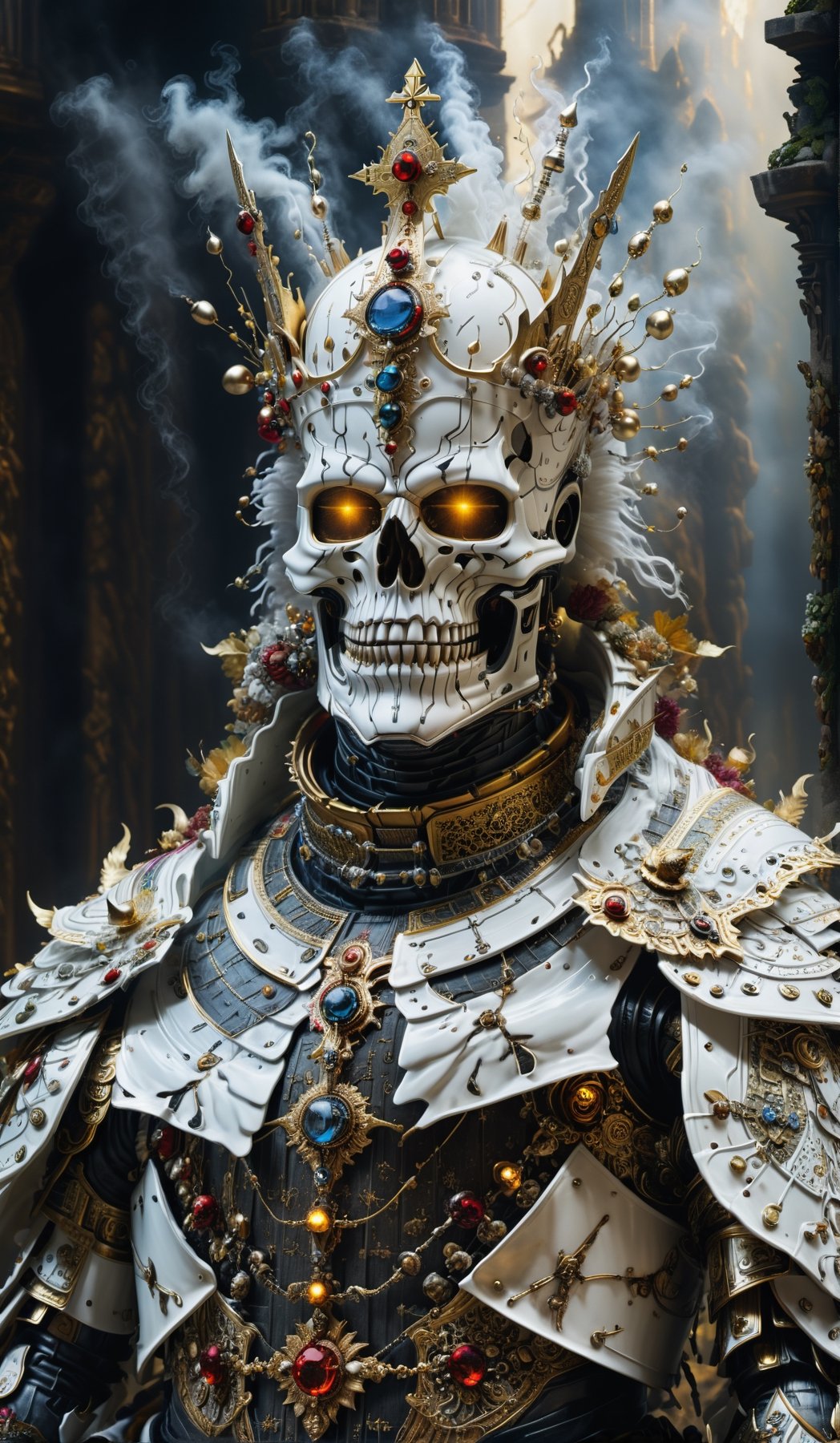 (((Top Quality: 1.4))), (Art by Giuseppe Arcimboldo),,(Unparalleled Masterpiece),(Ultra High Definition),(Ultra-Realistic 8k CG),cyborg evil priest , horror, highly detailed embellished white Vestment, highly gold detailed priest's crown , in dark ruins of church,8 life size, eerie white light penetrating makes gradient of shadows and adds depth to images, (magic mysterious background,, glowing particles, ethereal fog, faint darkness), hype realistic cover photo awesome full color, Cinematic, (hyper detail: 1.2),, perfect anatomy,more detail XL,Leonardo Style,cyborg style,detailmaster2,((full body image:1.8)),cyborg,realistic