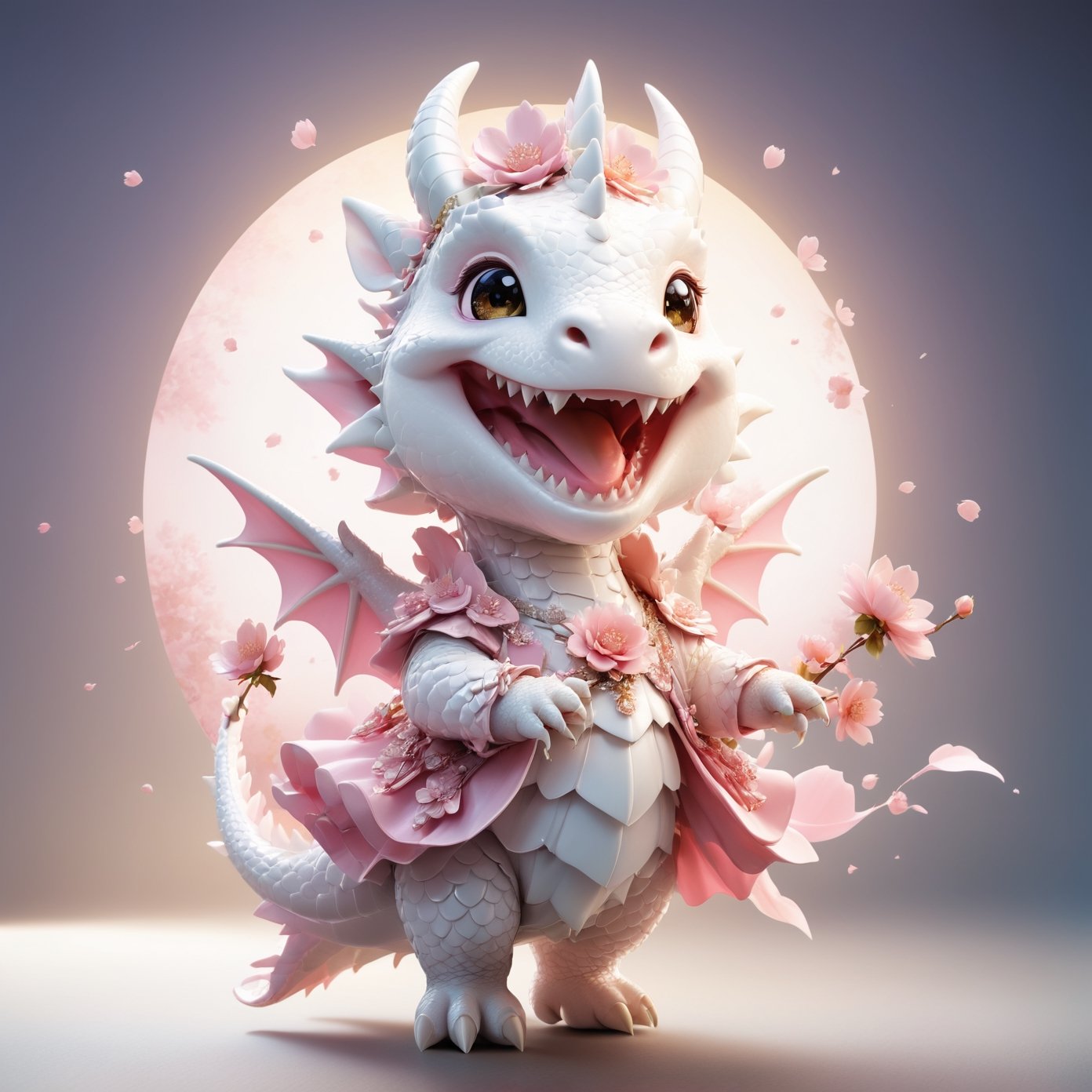  portrait of cute dragon,(dynamic  pose), high quality,(happy atmosphere) ,,smile, , (wind effect), cherry_blossom background,sun light,(full body image:1.5),,,cute dragon,