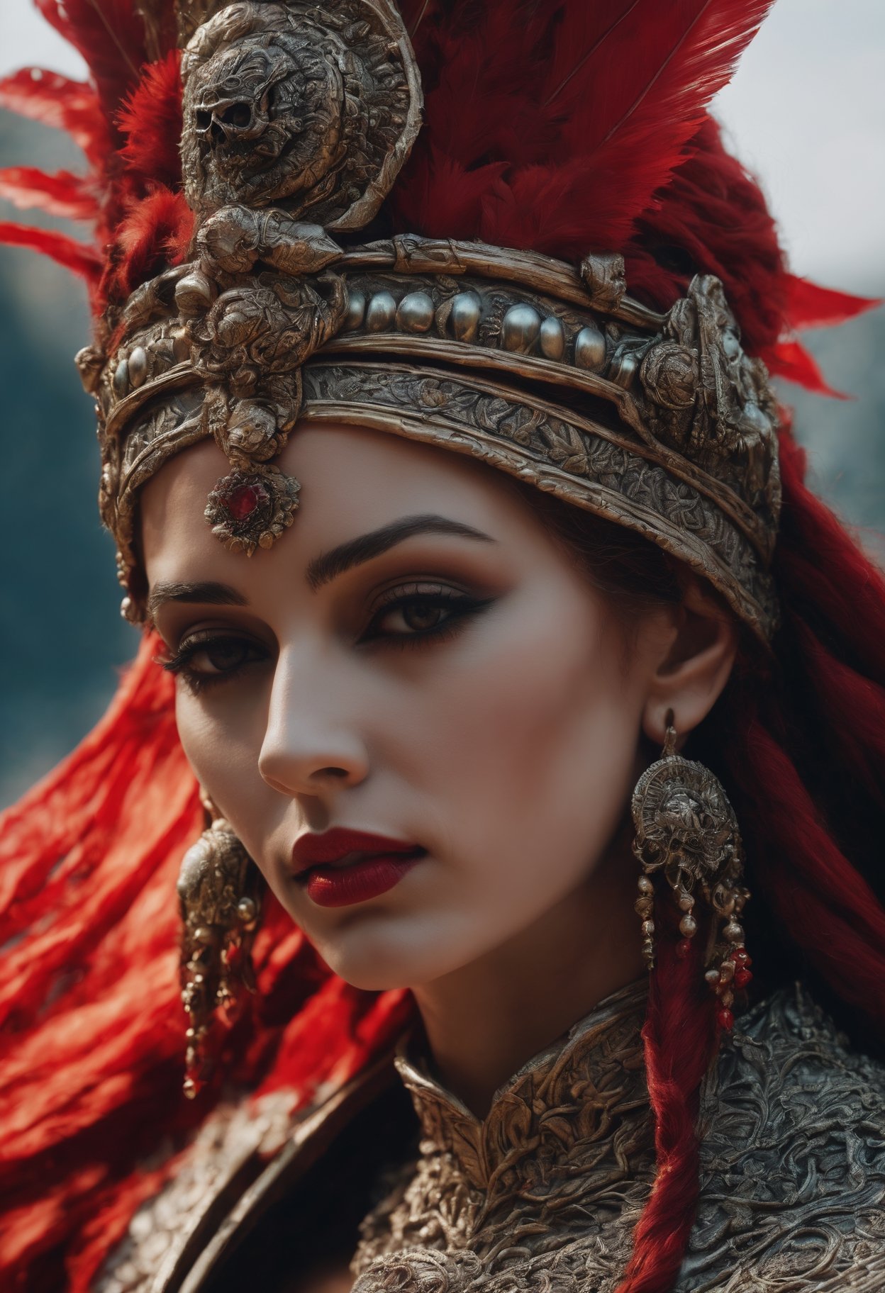 a close up of a statue of a woman with a red headdress, cinematic goddess close shot, Close-up portrait goddess skull, goddess close-up portrait, beautiful intricate face, detailed beautfiul face, Gorgeous Role Play, hyper-detailed fantasy character, extremely detailed goddess shot, detailed matte fantasy portrait, Beautiful detailed face, beautiful face detail