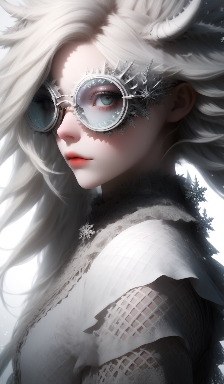 1 girl, (masterful), albino demon girl with lethargic sleepy smokey eyes,wearing snowflake glases,(from side:1.5),(white dreadlocks hair),((slit pupil eyes)),mesh fishnet blouse, (long intricate horns:1.2) ,
best quality, highest quality, extremely detailed CG unity 8k wallpaper, detailed and intricate, 
,steampunk style,Glass Elements,sfglasses