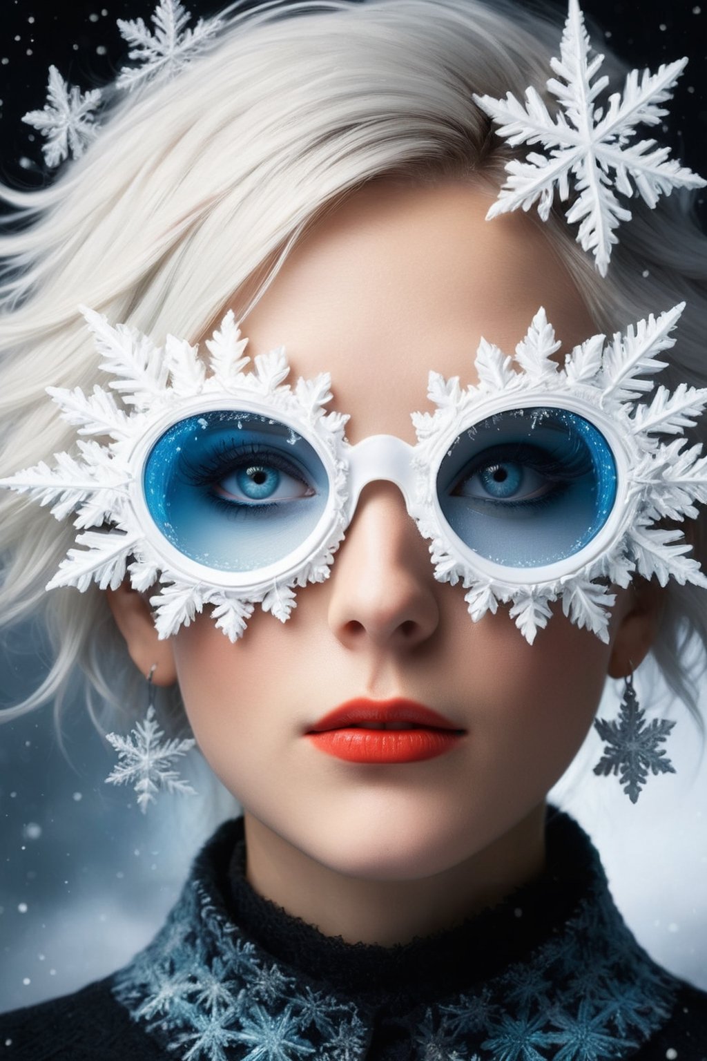 surrealism photo, realistic, 16k, extreme detail, fine textures, colorful, sharp lines, vibrant patch colors, black and white colors palette, lovely lady 40 years old, wearing snowflake glasses,in the style of esao andrews,sfglasses