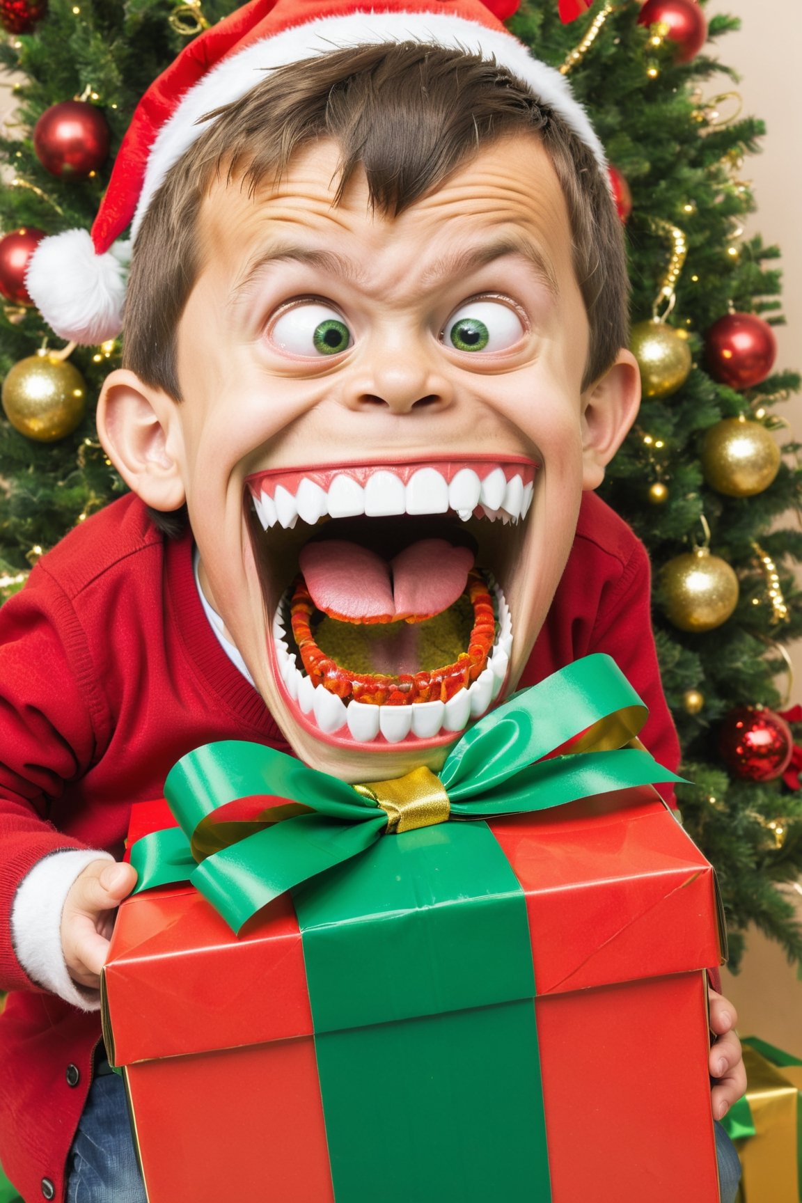 Christmas present  and little boy, red cardboard box, green and gold bow, large teeth, gaping mouth, a present mimic,  ,
,PEOPShockedFace