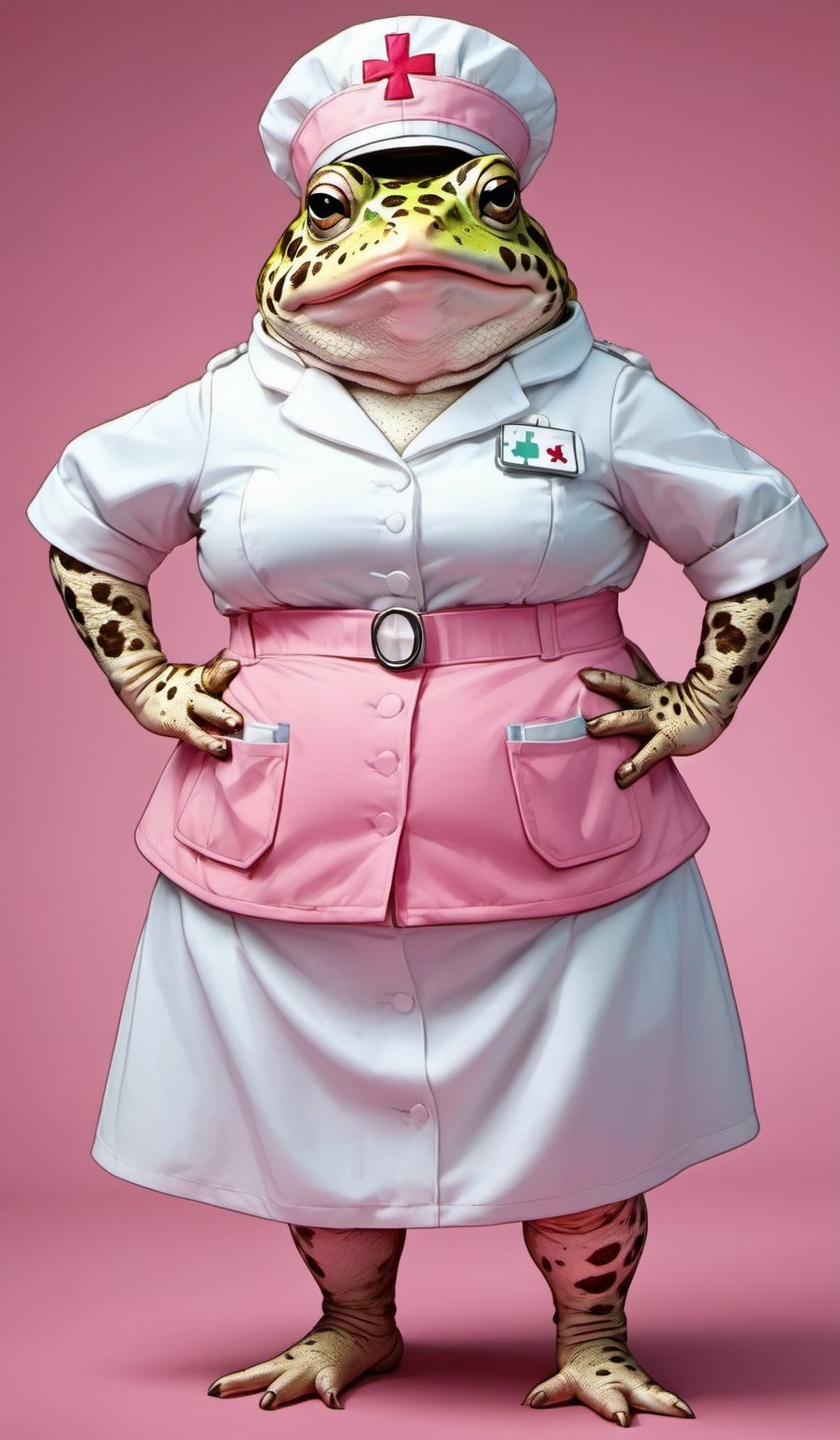  portrait of Dressed animals - a ((fat)) cute toad nurse,(hands on hips:1.5 ),(closed mouth), high quality,(lovely) ,intricate details, highly detailed ((pink nurse costume)), wearing nurse cap and skirt , highly detailed medical equipment , (happy), studio lighting,(),(simple background)