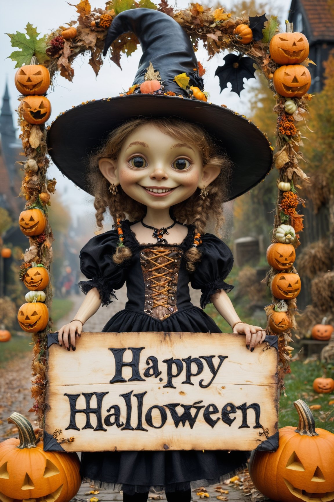 (Aetherpunk style:1.4),wide angle,8k , ultra quality ,nature,pagan imagery,cute very young Halloween witch,(10 years old girl),((big smile)), holding a board with text as "HAPPY HALLOWEEN",art by Giuseppe Arcimboldo,gold detailed,utopia,magic,(happy Halloween atmosphere),neon detailed,beasts,mages,((in Halloween town,amazing scenery)),(highly detailed:1.2),(ultra realism:1.2), realistic, detailed, textured, skin, hair, eyes, by Alex Huguet, Mike Hill, Ian Spriggs, JaeCheol Park, Marek Denko,(close up:1.5),(Dutch angle:1.2),
,text as "",style_brush