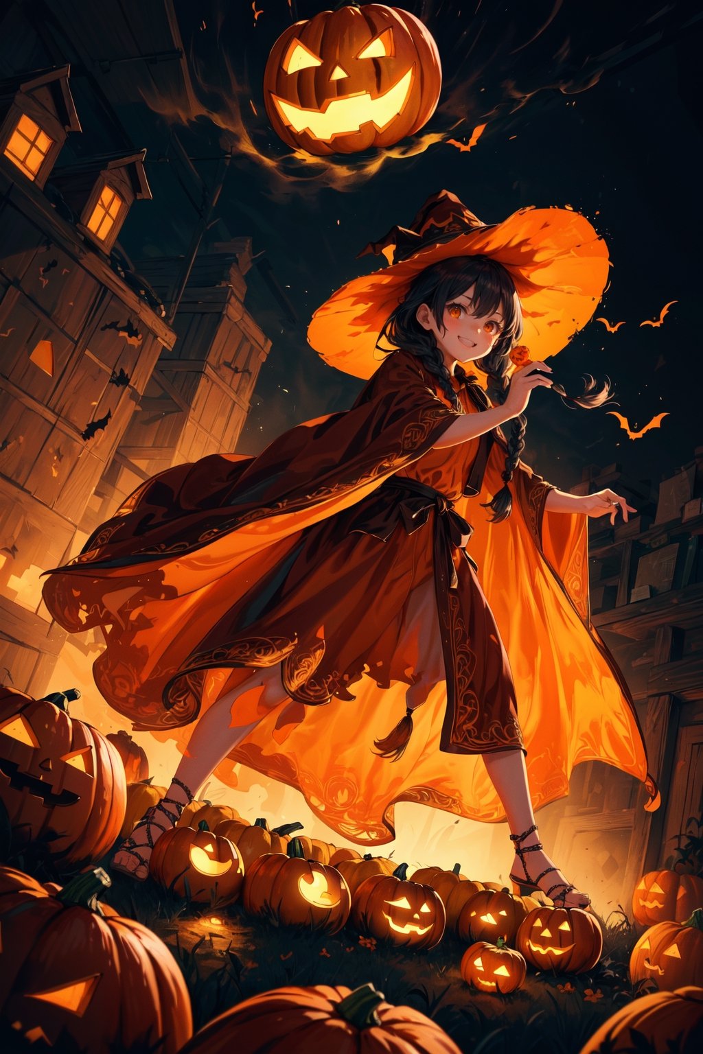   absurdres, highres, ultra detailed, (1girl:1.3), kawaiiBREAK  ,,(carries Jack o'lanterns ),(( orange witch's big hat and orange intricate robe)), shining eyes , twin_braid , black hair , little girl, 10 years old,(lovely smile),happy Halloween atmosphere, fluid textures,,moonlight,intricate details, 32k digital painting, hyperrealism, (vivid color,abstract background:1.3, colorful:1.3, flowers:1.2, pumpkins:1.1,zentangle:1.2, fractal art:1.1) , parted bangs, SUPER HIGH quality, in 8K , intricate detail, ultra-detailed,(action pose:1.5)