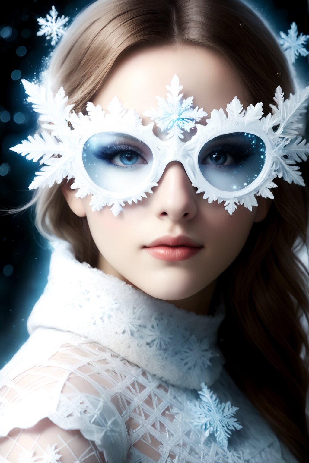 Generate hyper realistic image of a mysterious beauty portrait with the woman adorned in a snowflake glasses. Experiment with shadows and moonlight to enhance the allure and mystique of the masquerade theme.,sfglasses