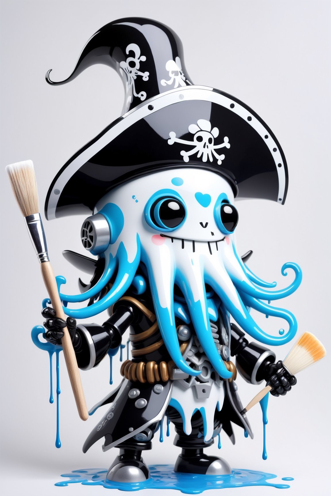 cute robo character of (squid),a mascot for tensor.art,cubby, ((holding a large paintbrush)), futuristic, cyborg style,(lovely smile),wearing a black pirate's hat,cute ,white platinum metallic line,light blue and white dripping paint ,squid head, squid arms, ,mecha,robo,PEOPShockedFace