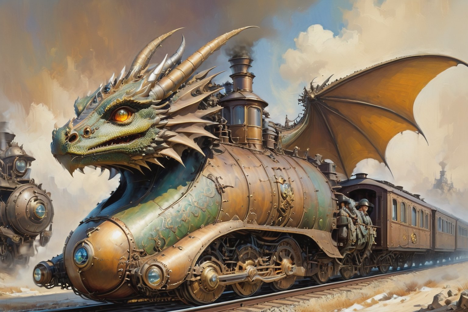 detailed full-length picture, masterpiece, best quality, ultra high resolution, visually stunning, beautiful, award-winning art (abstract art: 1.3), beautiful ))), oil painting dieselpunk. dragon train,(viewed from below:1.5),Watercolor, trending on artstation, sharp focus, studio photo, intricate details, highly detailed, by greg rutkowski, more detail XL, hyper detailed, realistic, oil painting, by julie bell, frank frazetta, cinematic lighting,dragon train