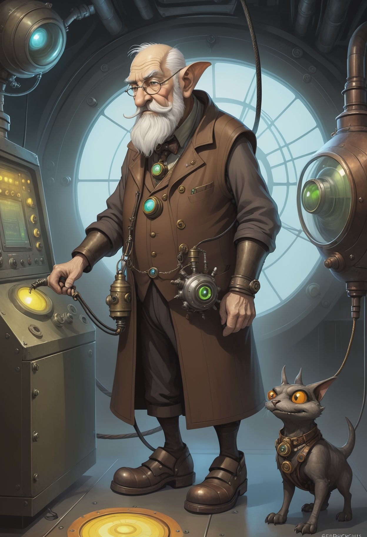 an old man with his giant dethclaw pet on a leash, steampunk happy Funny cartoonish at a complex nuclear control room, by Gediminas Pranckevicius H 704, machinarium style, intricate