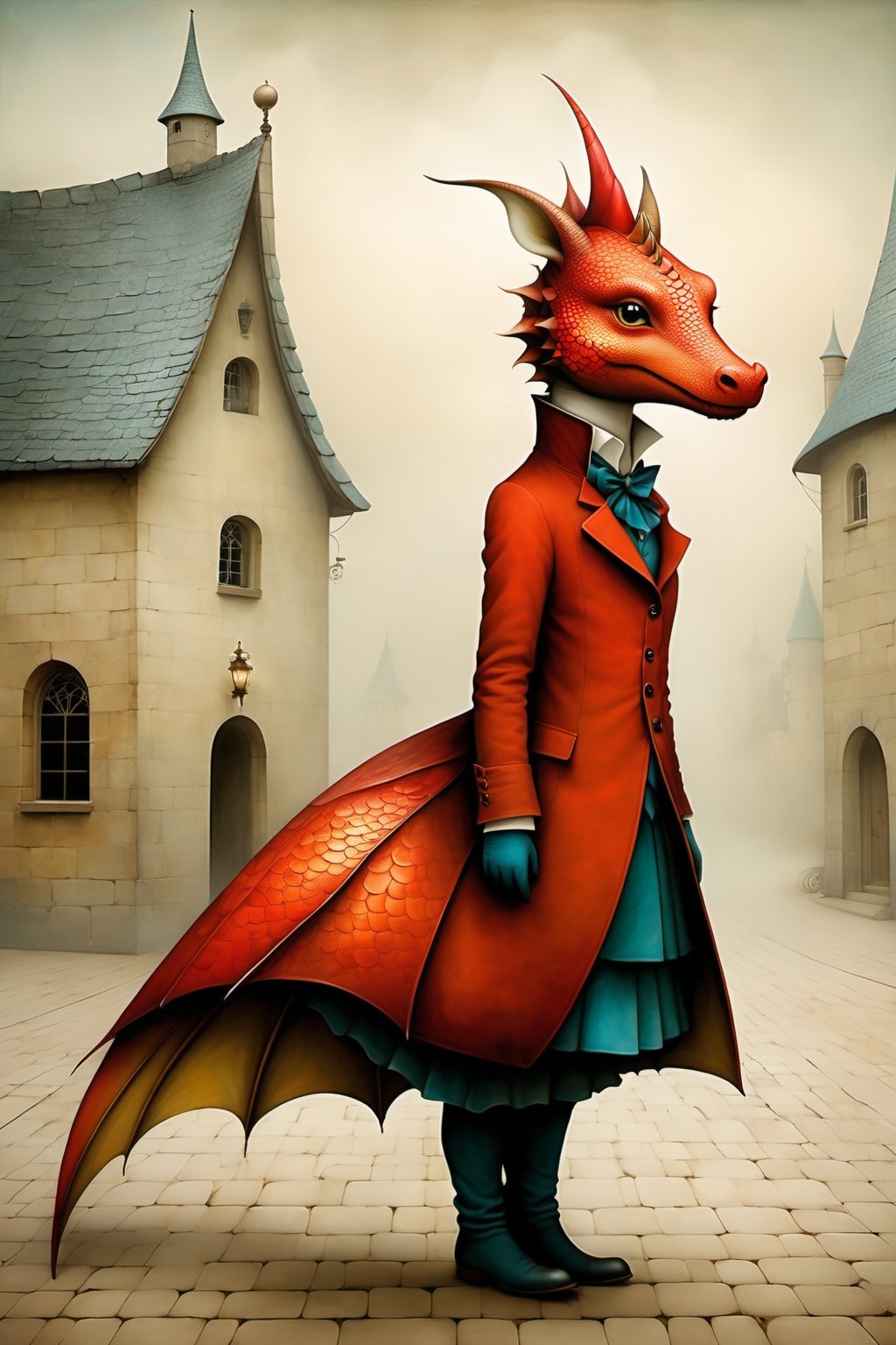 Neo Surrealism, by Gabriel Pacheco and Max Ernst, magical realism bizarre art, pop surrealism,full body image of cute dragon,(wide angle:1.5), like Alice in wonderland, whimsical art,  Generate an illustration of a blurry figure of an animal in the style of minimalistic figurative, foggy, translucent surfaces, diffused imagery, vivid lip color,cute dragon, in the style of esao andrews