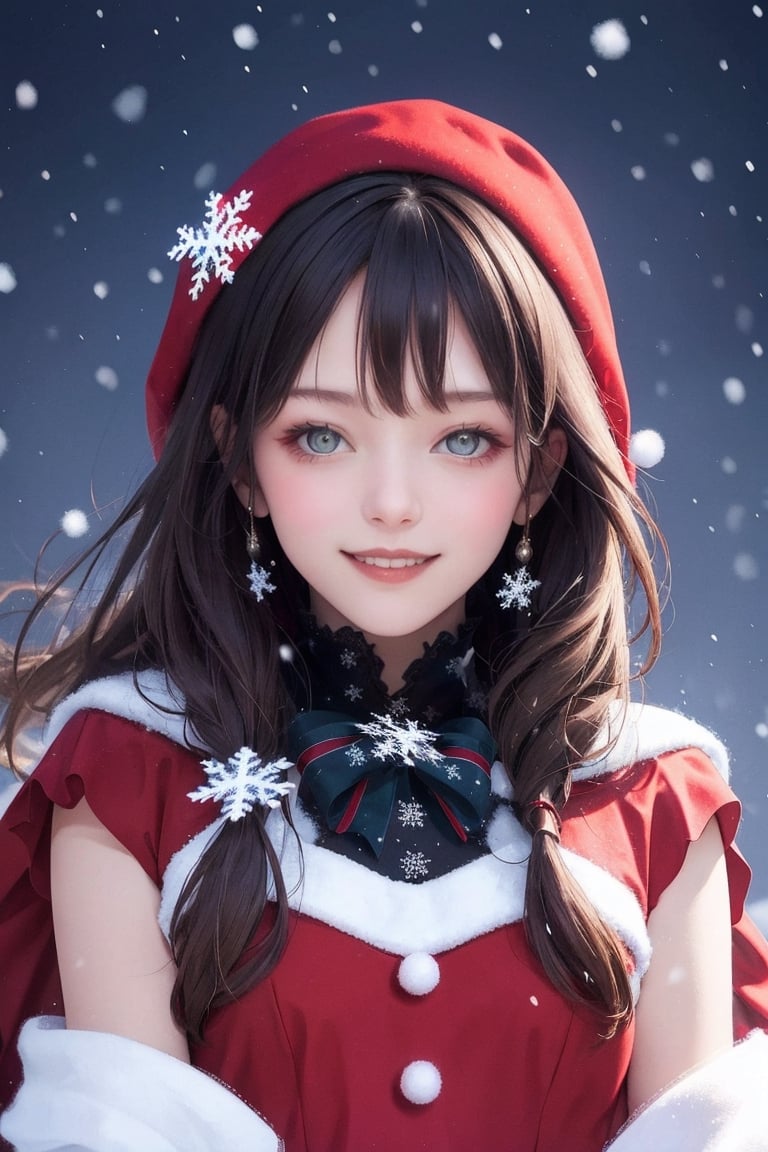 Christmas theme:1.5,portrait of a beautiful swiss girl,lovely smile:1.2,wearing gothic christmas dress,bizarre,floral,Luminous,(christmas atmosphere), snowflakes ,snow falling,shining_sparkle_background