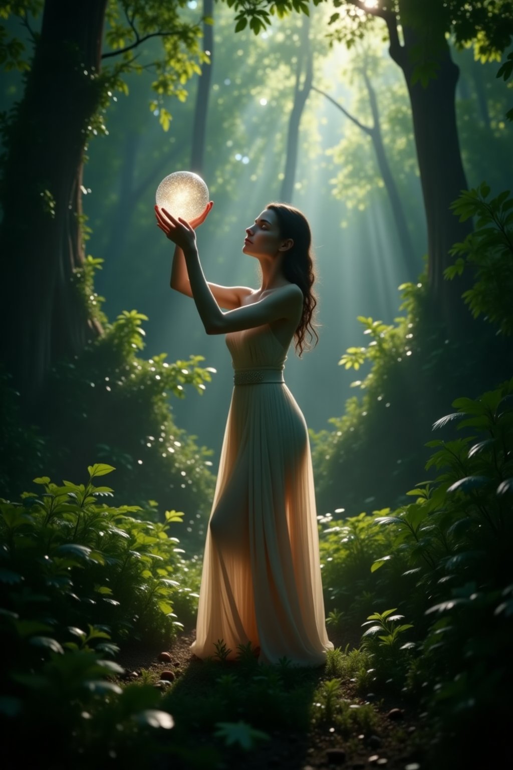 A serene and mystical scene unfolds: a crystal-wielding woman stands amidst a lush forest, her slender fingers grasping a glittering crystal orb. Soft, filtered sunlight casts dappled shadows on the forest floor, highlighting her gentle pose as she gazes upward, the crystal's facets reflecting the hues of the surrounding foliage.