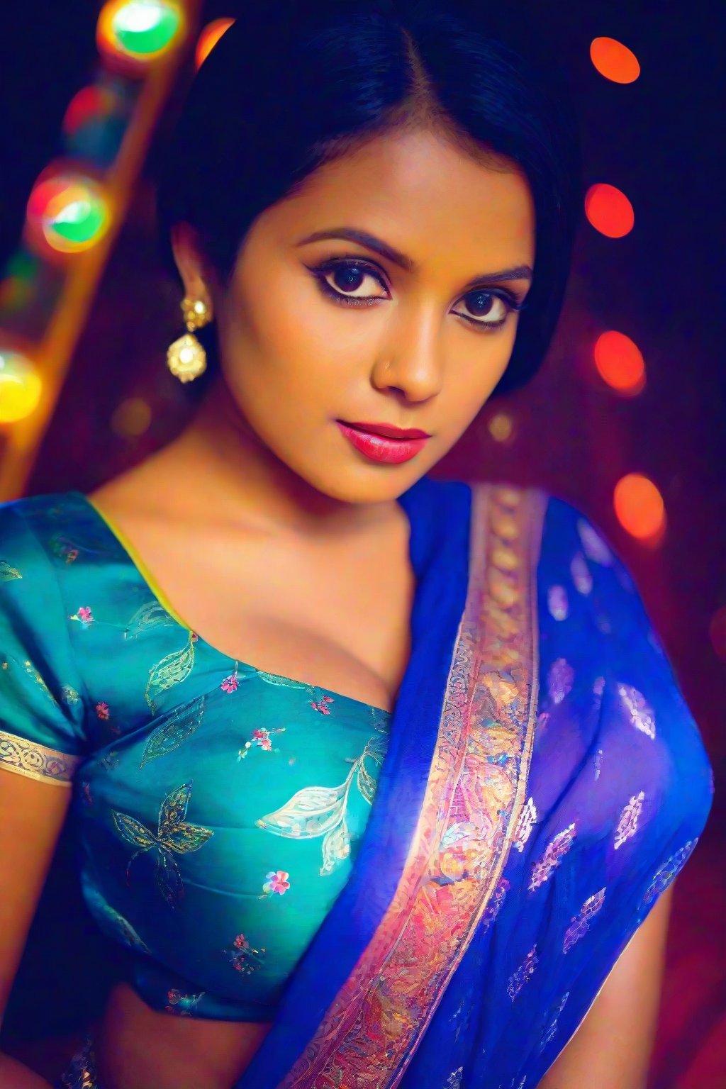 A beautiful Indian woman, 32, wearing a traditional saree with rich colors and intricate patterns, draped to reveal her midriff and navel. Big breasts are accentuated by the matching blouse (choli) with short sleeves and deep neckline. The pallu drapes softly over her shoulder, while her jewelry sparkles in warm, natural lighting. Cinematic shadows and bokeh create depth of field 1.3, capturing every detail of her skin, fabrics, and textures.

She stands elegantly, poised in a smokey atmosphere, bathed in ethereal light that highlights her stunning features. Fair skin glows under cinematic lighting, with perfect eyes and nose. Drill Spring-inspired hairstyle frames her face, showcasing intricate details and complex patterns that pop in hyper-visual fashion. Stunning HDR and UHD render this unreal engine creation with gorgeous light and shadow.

Framing: Softly lit, focusing on her elegant pose and cultural richness of attire. Cinematic angle, high detail RAW photo, extremely detailed skin, photorealistic, heavy shadows, dramatic lighting.

Composition: Perfect face and body, dimly lit, nervous, harsh camera flash, faded film, desaturated, 35mm photo, grainy, Kodachrome, Lomography, stained, highly detailed.