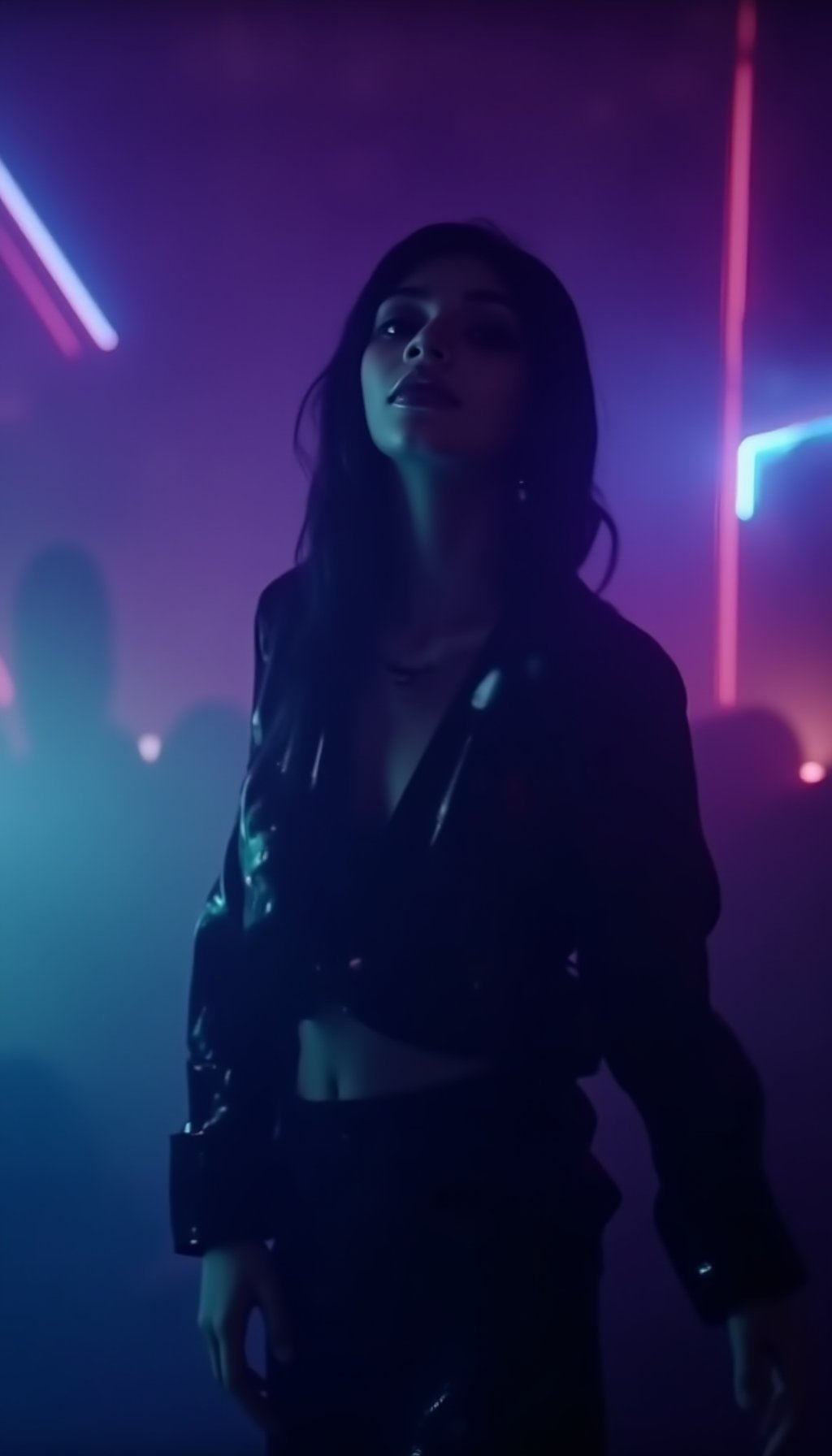 A cinematic action scene shot of a cyberpunk woman standing  surrounded by a dimly lit atmosphere with neon hues. Black, dark blue, and gray tones dominate the scene, punctuated by pops of light green, purple, and orange. Her skin glistens with subtle detail and enhancement. The Sony A7R IV camera captures the scene in cinematic style, emphasizing depth and bokeh effects from the pink, blue, and green neon lights.,Futuristic cosplay 