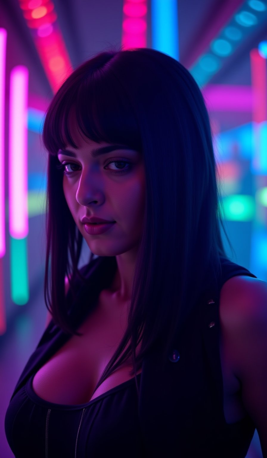 A cyberpunk women, realistic, details and enhanced image, beautiful,The atmosphere is fun and inviting, featuring colors like black, blue, dark blue, dark purple, gray, light green, purple, and orange. Neon lights in pink, blue, and green illuminate the space, creating a bokeh and Depth of Fieldeffect. The focus is on the girl from the torso to the head, captured in a cinematic style with a Sony A7R IV full-frame camera,AnushkaShettyFlux