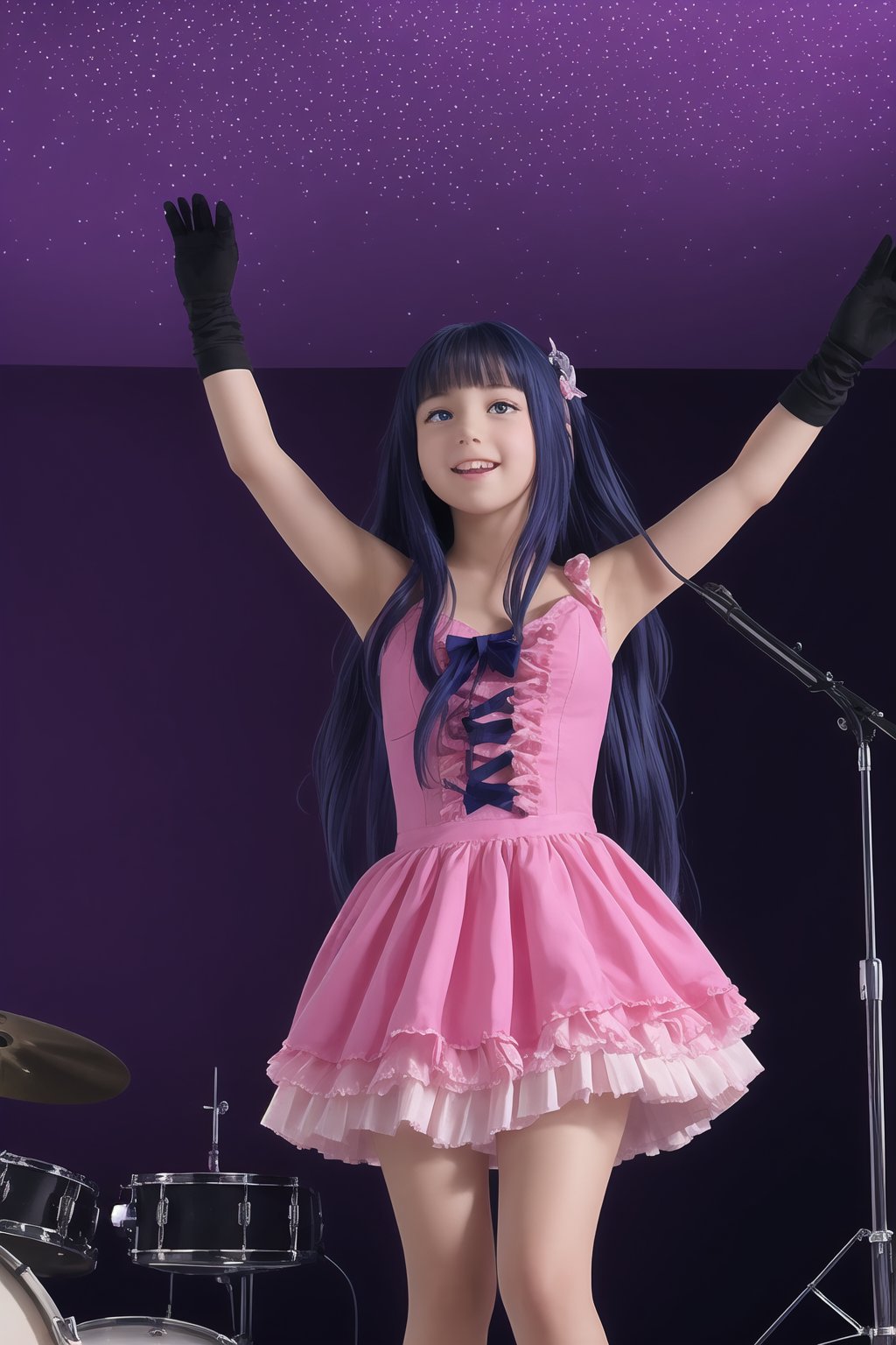 Realistic, human, Captured from a high-angle perspective, a girl with long dark blue hair, wearing a pink and yellow dress, adorned with a black belt. The arms are raised in the air, adding a touch of balance to the scene. The background is a vibrant purple hue, with white dots dotting the ceiling. To the right of the girl,a drum set is visible. 1girl, solo, long hair, looking at viewer, smile, bangs, hair ornament, thighhighs, gloves, dress, blue hair, purple eyes, heart, frills, tongue, hairclip, tongue out, pink dress, idol, pink thighhighs, pink gloves, maizono sayaka