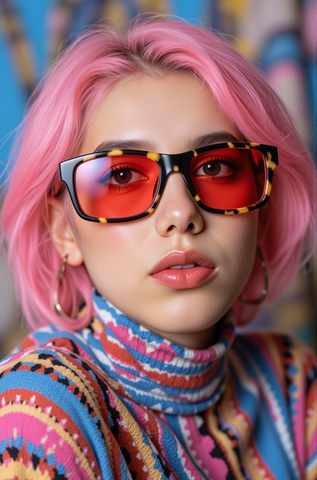 A vibrant, close-up portrait of a young woman with pink hair, wearing oversized, colorful sunglasses, and patterned turtleneck, abstract, textured background | pop art style, bold colors, detailed, highly stylized | photorealistic | studio lighting
,cinematic , film grain, Short telephoto focal length, shot on ALEXA 65