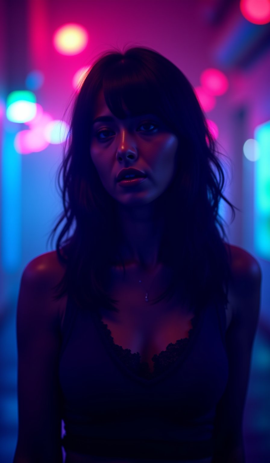 A cyberpunk women, realistic, details and enhanced image, beautiful,The atmosphere is fun and inviting, featuring colors like black, blue, dark blue, dark purple, gray, light green, purple, and orange. Neon lights in pink, blue, and green illuminate the space, creating a bokeh and Depth of Fieldeffect. The focus is on the girl from the torso to the head, captured in a cinematic style with a Sony A7R IV full-frame camera